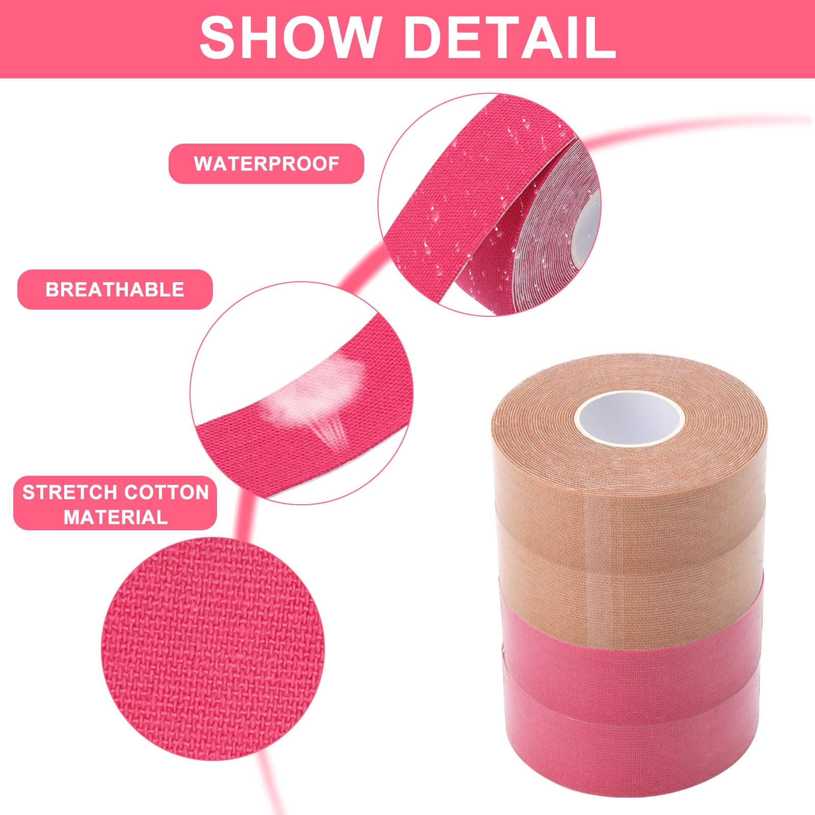 ZMDMAH 4 Rolls Face Lift Tape - Anti Wrinkle Face Patch & Kinesiology Tape for Face Wrinkles, Skin Firming & Tightening, 2.5 cm x 5 m (Pink + Skin) - Perfect for Instant Face Lift, Makeup Prep & Special Occasions