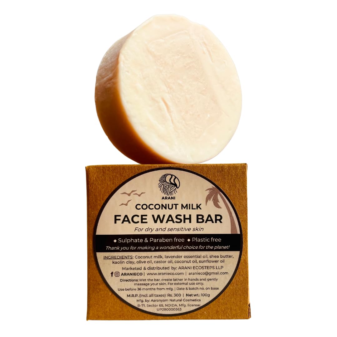 Arani Eco Coconut Milk Face Wash Bar for Dry & Sensitive Skin - Sulfate Free, Paraben Free, Plastic Free - Gentle Cleansing for Daily Skincare Routine