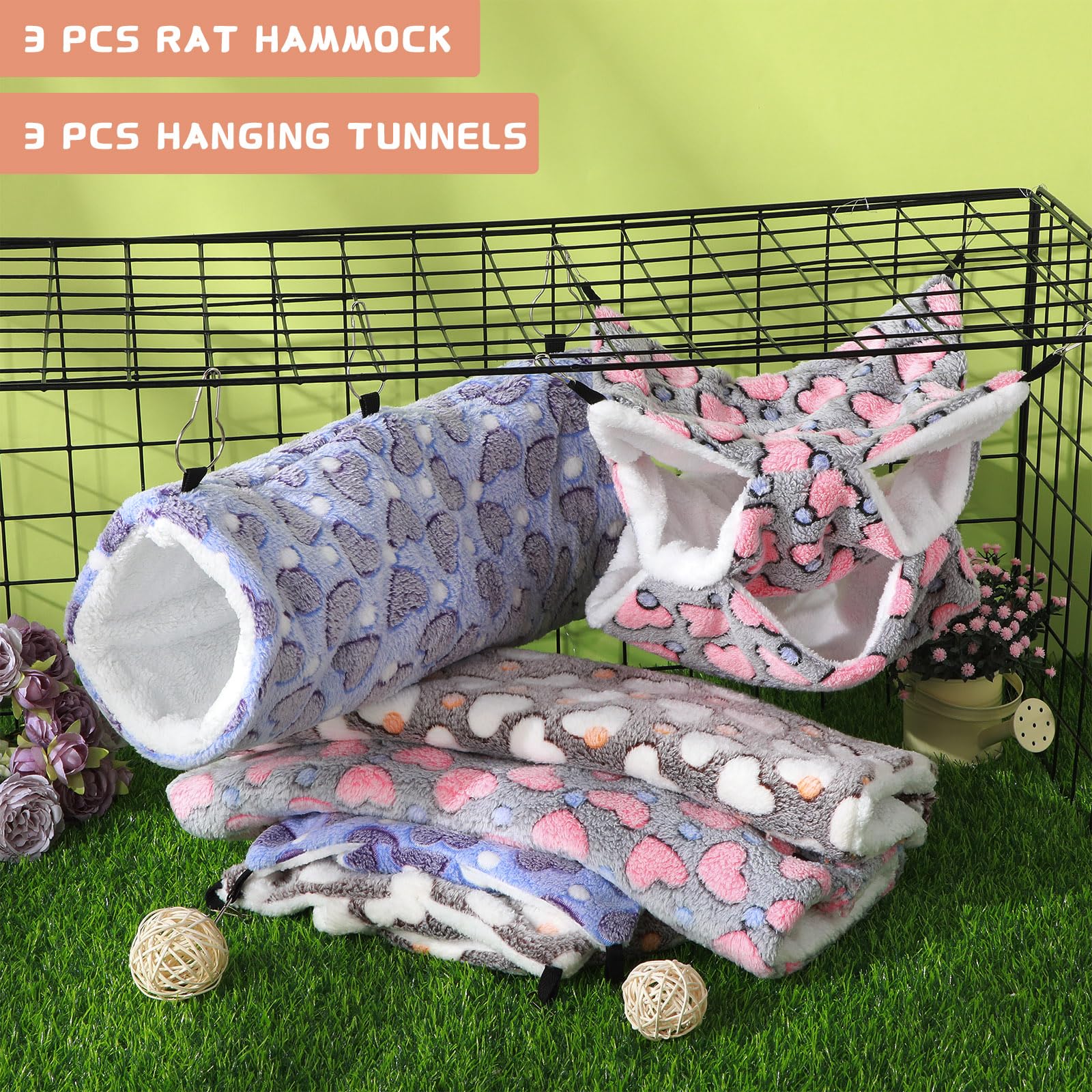 Sweetude 6-Piece Rat Hammocks Set - Ferret Hanging Tunnel & Sugar Glider Toy - Small Animal Hideout Bed for Cage - Guinea Pig, Hamster Accessories - Perfect for Playtime, Resting & Cage Enrichment (Cute Design)