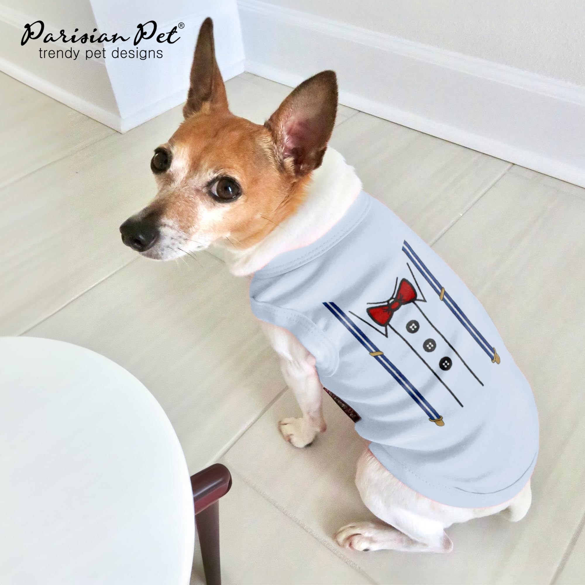 Parisian Pet Dog T-Shirt - Adjustable Suspenders Tuxedo Dog Shirt - Breathable Lightweight Sleeveless Tee for Small Dogs - Machine Washable Puppy Clothes - XS Size - Perfect for Weddings, Parties & Photo Shoots