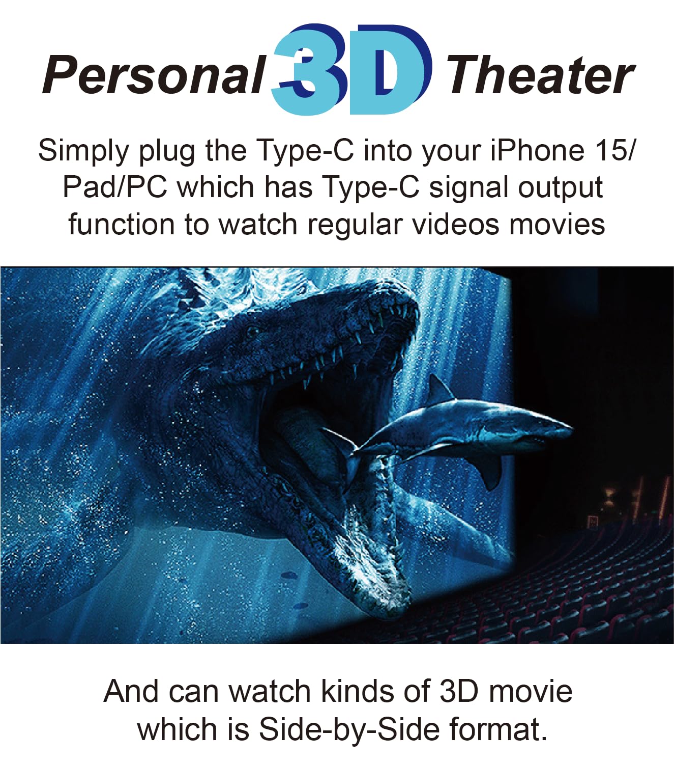 USB C 3D Movie Glasses - Plug & Play for iPhone 15, No App Needed | Built-in Battery | Portable Cinema Experience | Perfect for Travel, Gaming & Home Entertainment (Bigeyes H3 Pro USB-C Video Goggles)