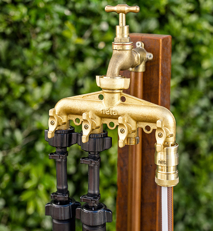 Universal Brass 4-Way Faucet Adapter with Screw-On Connection - Perfect for Kitchen Sink, Garden Hose, RV & Outdoor Watering Use