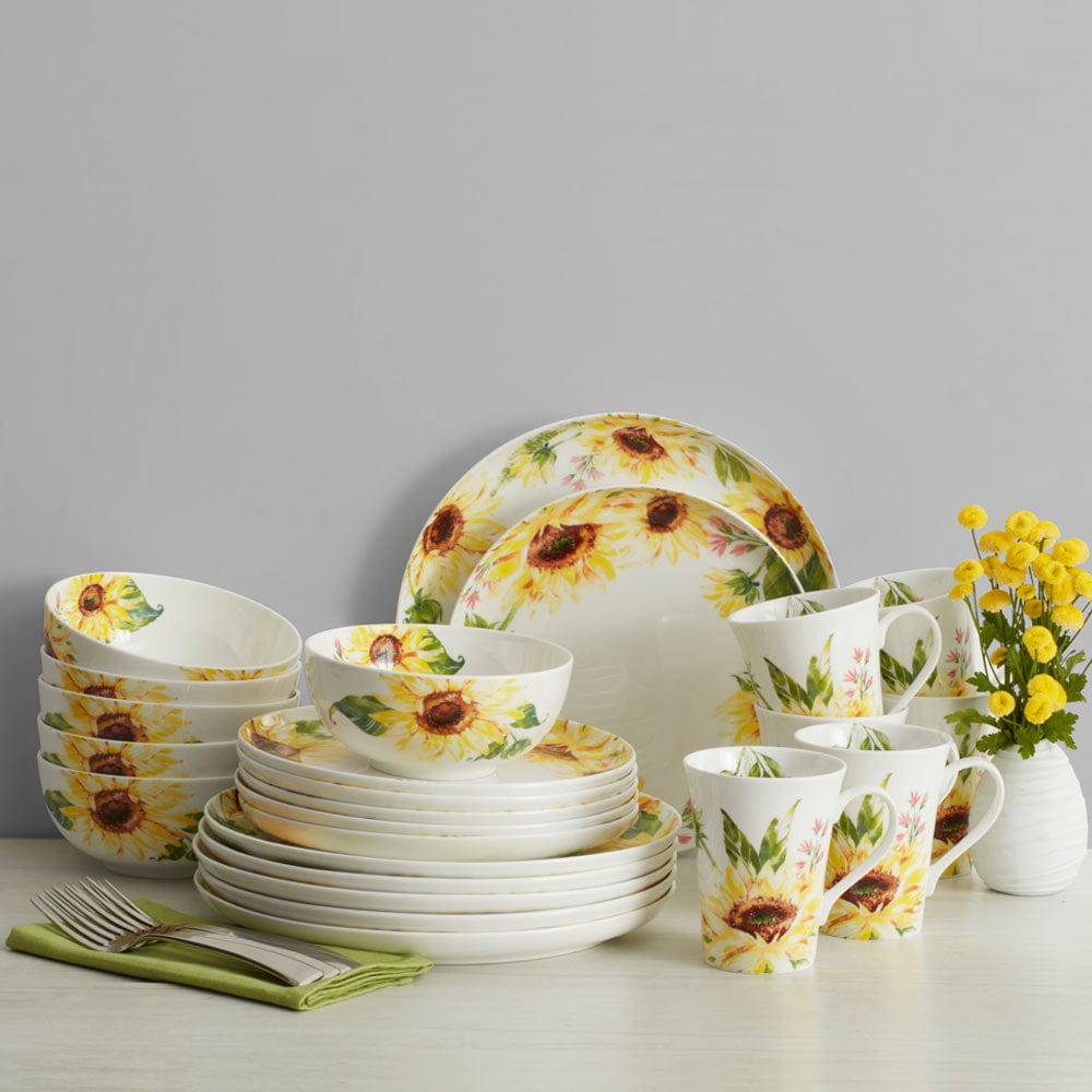24-Piece Sunflower Dinnerware Set for 6 - Modern Floral Tableware for Family Dinners, Parties & Everyday Use