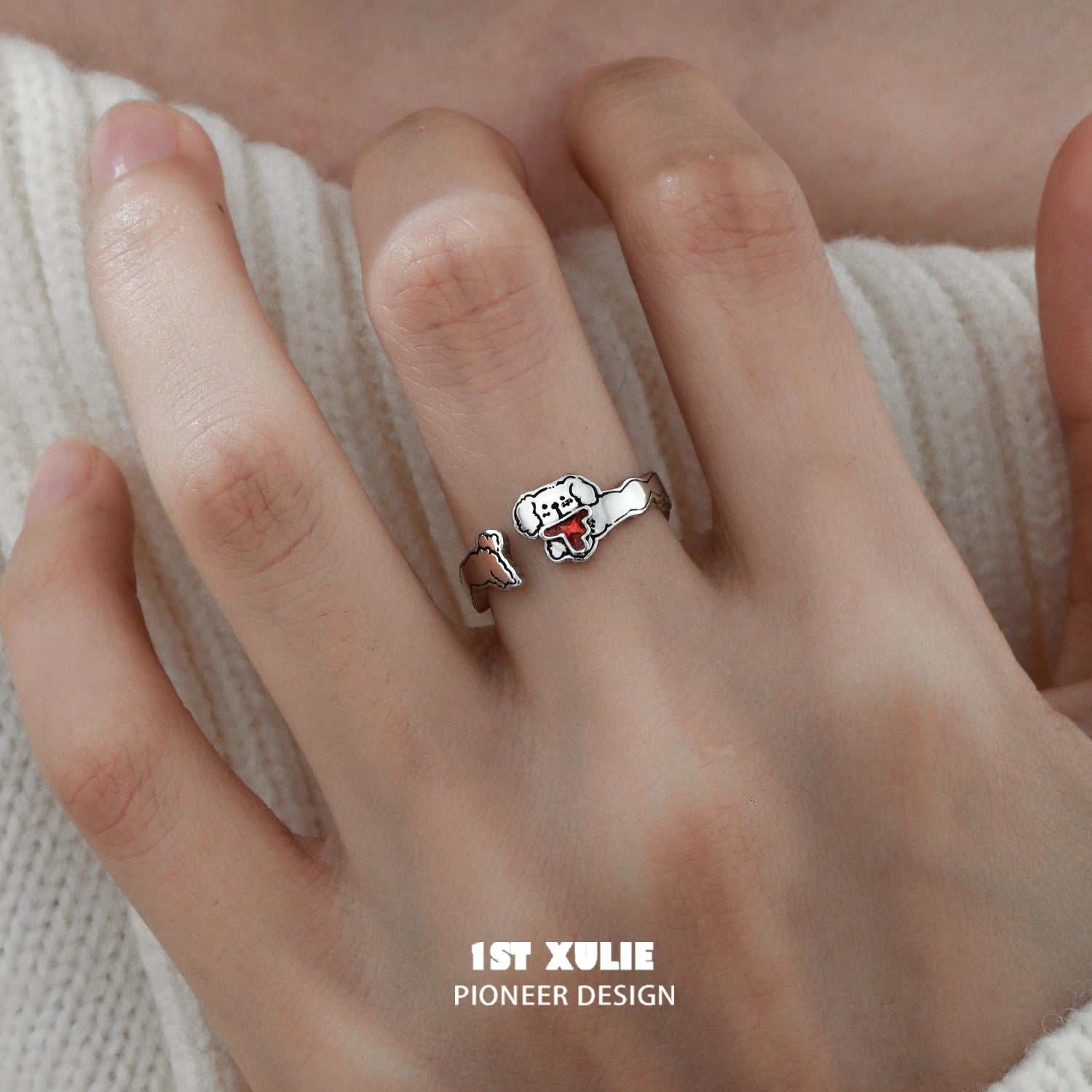 2024 Christmas Graffiti Puppy S925 Sterling Silver Adjustable Open End Ring - Perfect Holiday Gift for Dog Lovers, Christmas Party & Festive Jewelry Collection