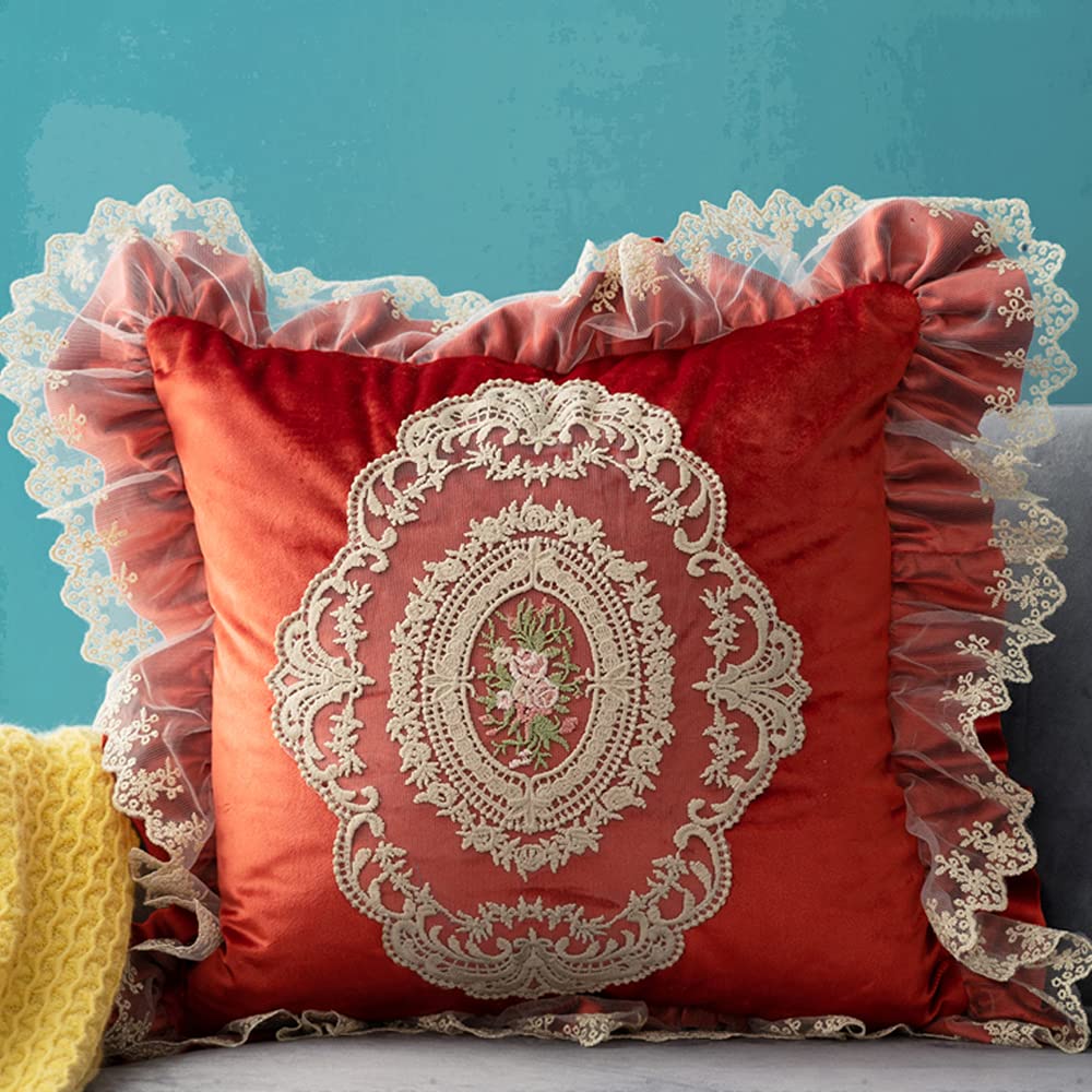 Luxury Velvet Embroidered Throw Pillow Covers with Lace Ruffles - European Style Decorative Sofa Cushion Covers - Floral Pillowcase for Couch, Bed, Car - Perfect for Home Decor, Living Room Accents & Gift Giving