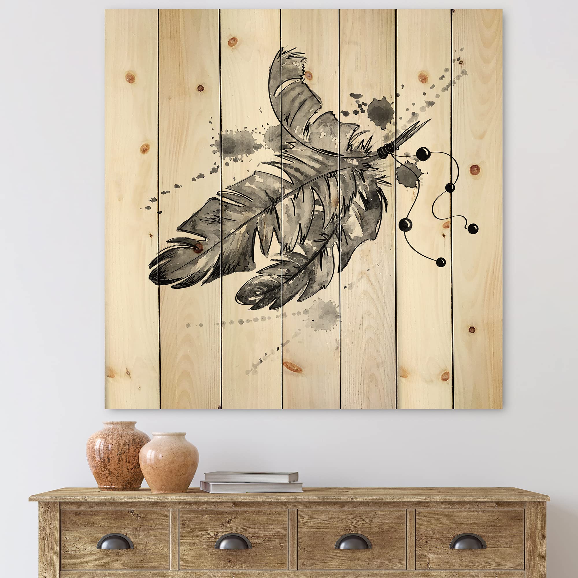 DesignQ Black Bird Feathers Traditional Wood Wall Art - Handcrafted Pine Wood Wall Decor with Animal Prints - Perfect for Living Room, Bedroom & Office Decor