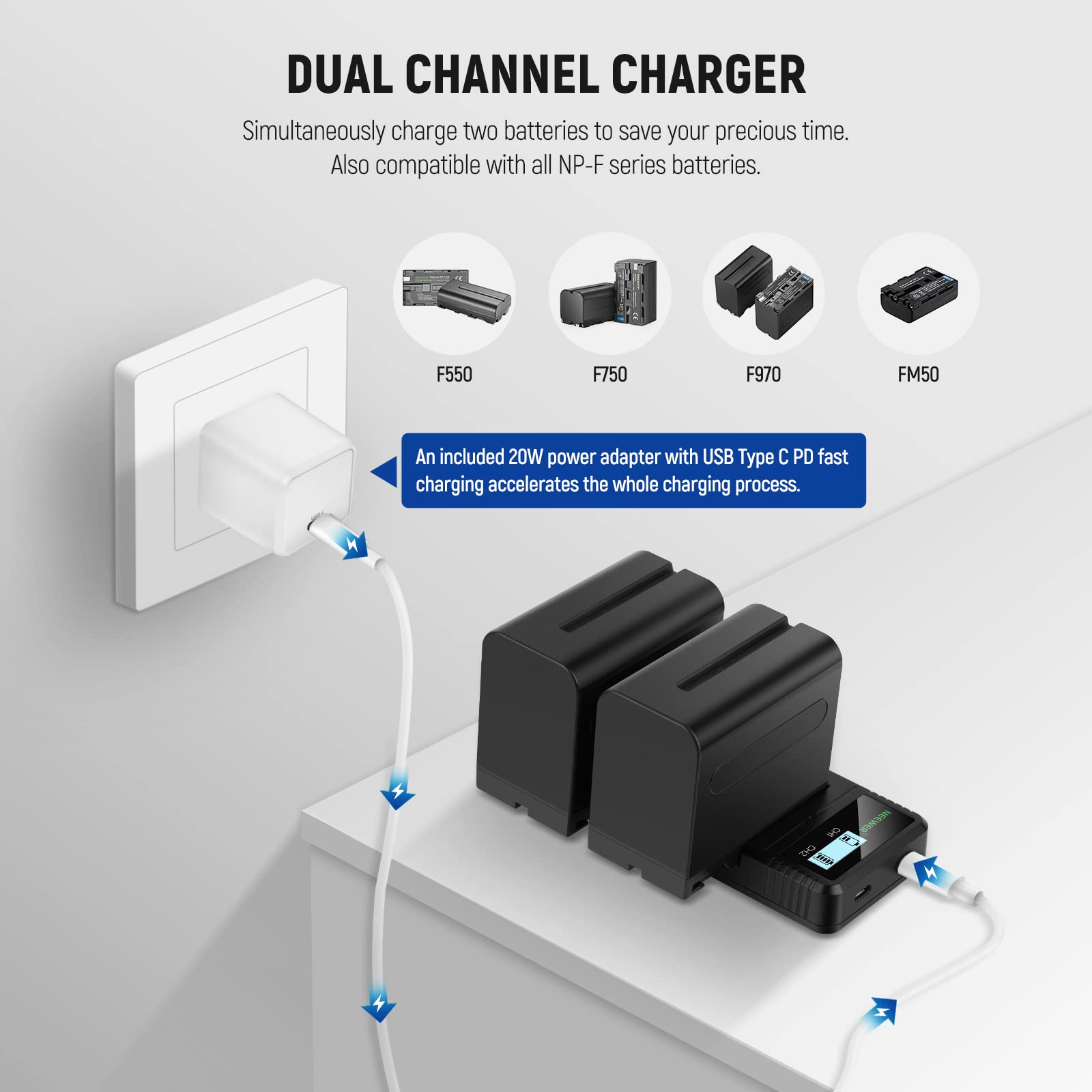 NEEWER 10050mAh NP-F970 Camera Battery with 20W PD Fast Charger - 2 Pack Replacement for Sony NP-F970/950/750/550 - Compatible with Video Cameras, LED Lights, Ring Lights, Monitors & Motorized Sliders - Perfect for Photography, Videography & Studio Lighting