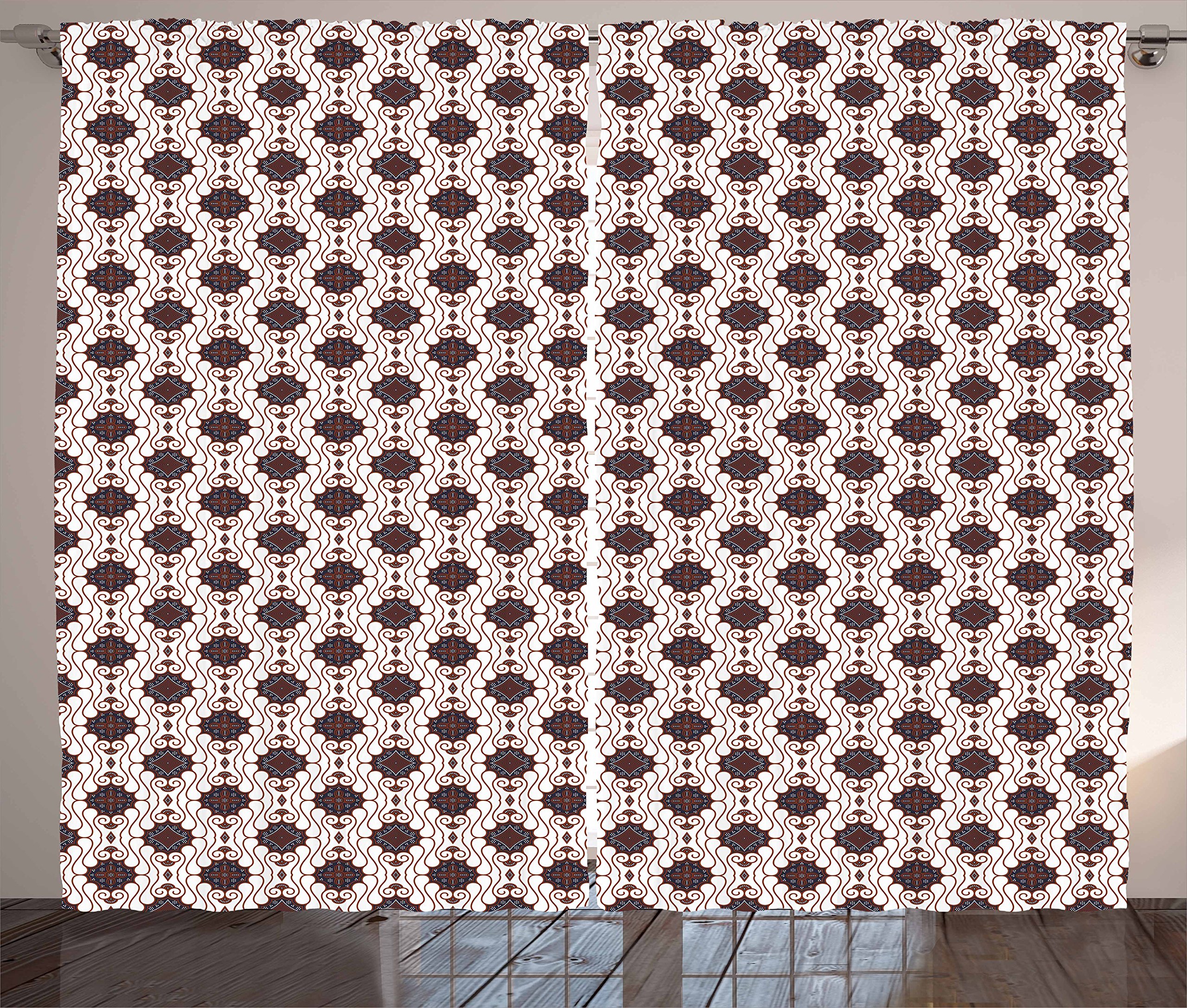 Ambesonne Asian Japanese Batik Pattern Curtains - Geometric Dots Lines Rhombus Design - Dark Blue White Brown Window Drapes for Living Room Bedroom - 2 Panel Set 108