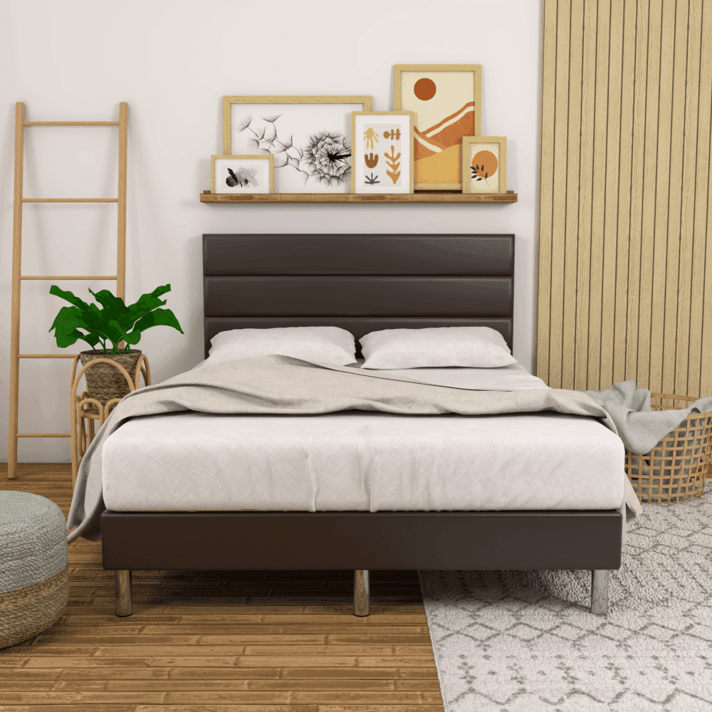 Makoni Queen Size Faux Leather Upholstered Bed Frame with Wooden Slats - Modern Platform Bed for Master Bedroom & Guest Room
