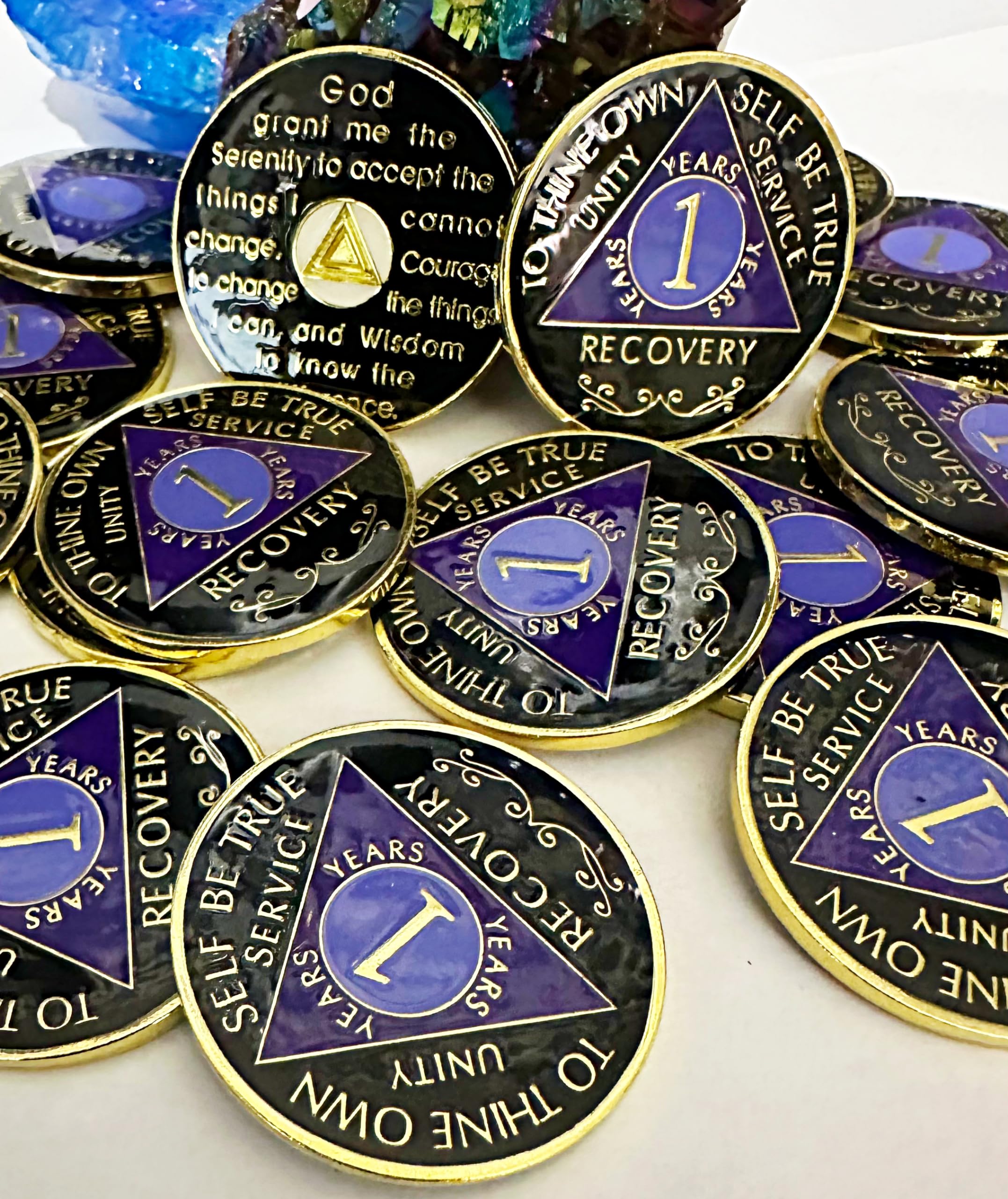 (2 Coins) AA 1 Year Sobriety Medallion - Alcoholics Anonymous Recovery Coin in Gold, Black & Purple - Commemorative Metal Token for 1 Year Clean & Sober Celebration - Perfect for AA Meetings, Milestone Gifts & Support Groups