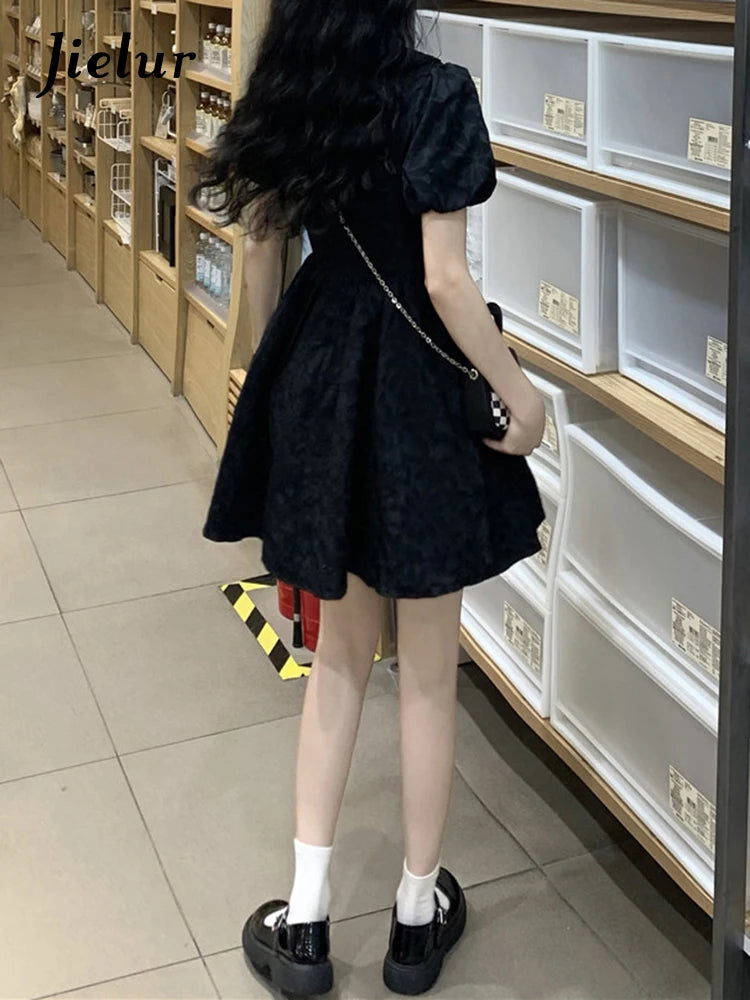 Elegant Black French Hollow Out Slim Women's Dress - High Street Puff Sleeve Pleated Solid Color Evening Gown | Perfect for Cocktail Parties, Date Nights & Formal Events