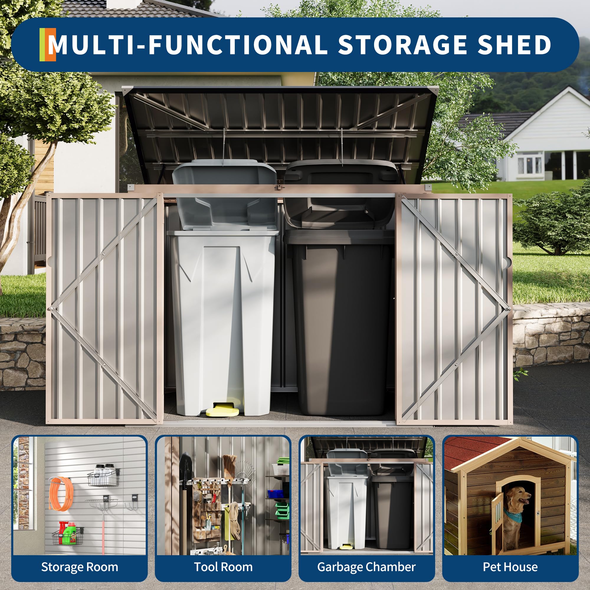 GARVEE 3x6ft Metal Outdoor Storage Shed for 2 Trash Cans - Heavy Duty Garbage Bin Shed with Chain Lid - Weatherproof Garden, Backyard & Patio Storage Solution - Perfect for Waste Management and Outdoor Organization