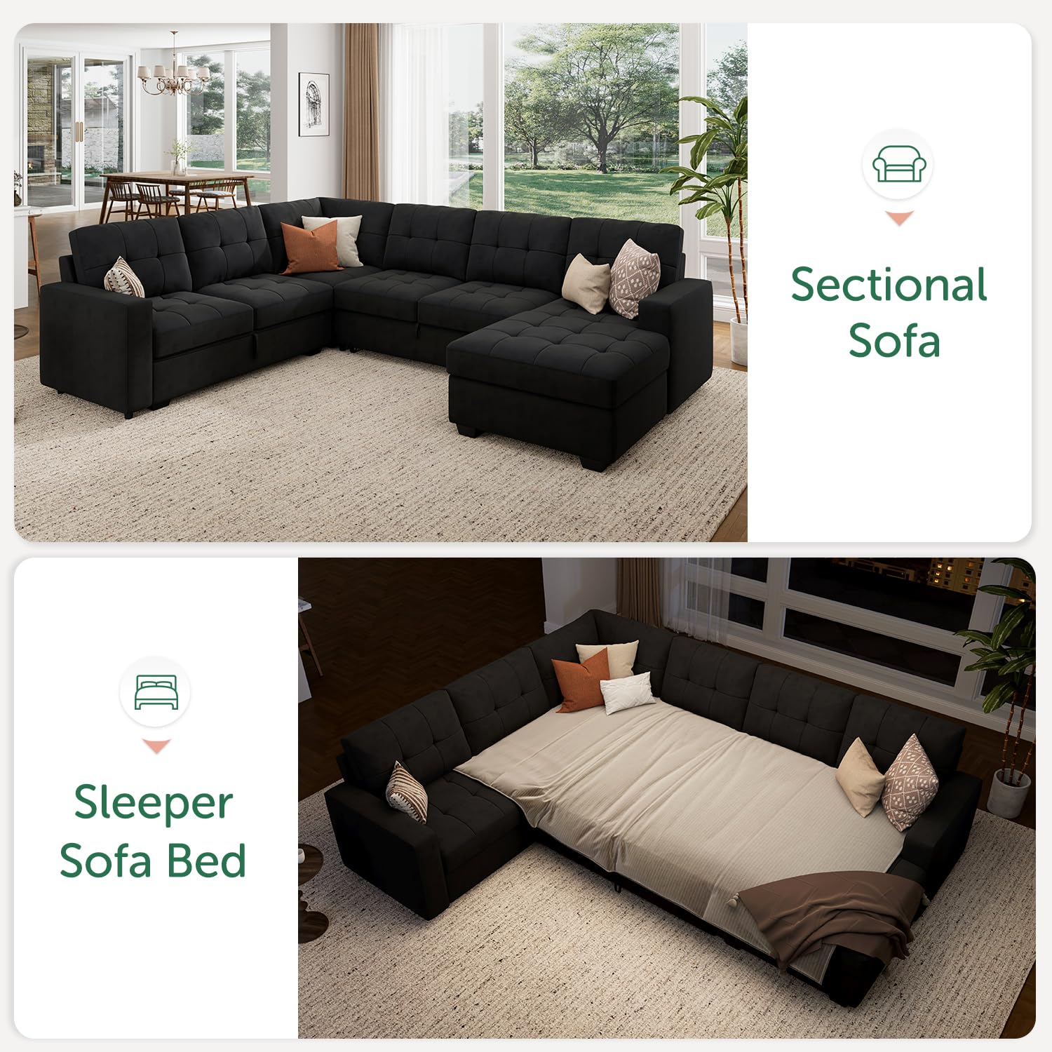 HONBAY Sectional Sleeper Sofa with Pull Out Bed - Convertible Sofa Bed with Storage Chaise, Velvet Black Couch for Living Room | Perfect for Small Spaces, Guest Rooms & Apartments