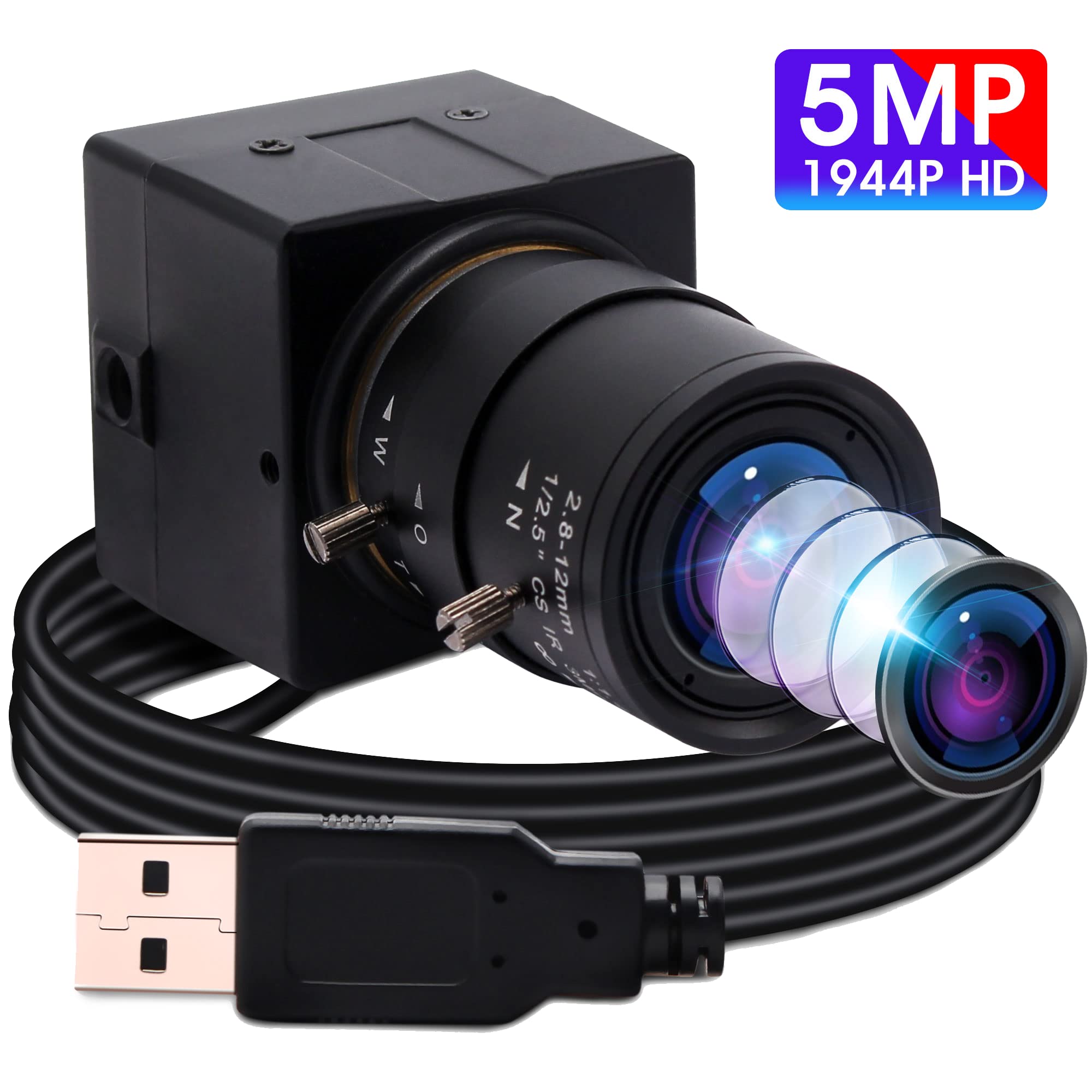 5MP USB Webcam with 4X Variable Focus - 1944P UVC Security Camera for PC, Mac, Windows, Linux & Raspberry Pi | Plug & Play Industrial Close-up Webcam for Video Conferencing, Online Classes & Home Security Monitoring