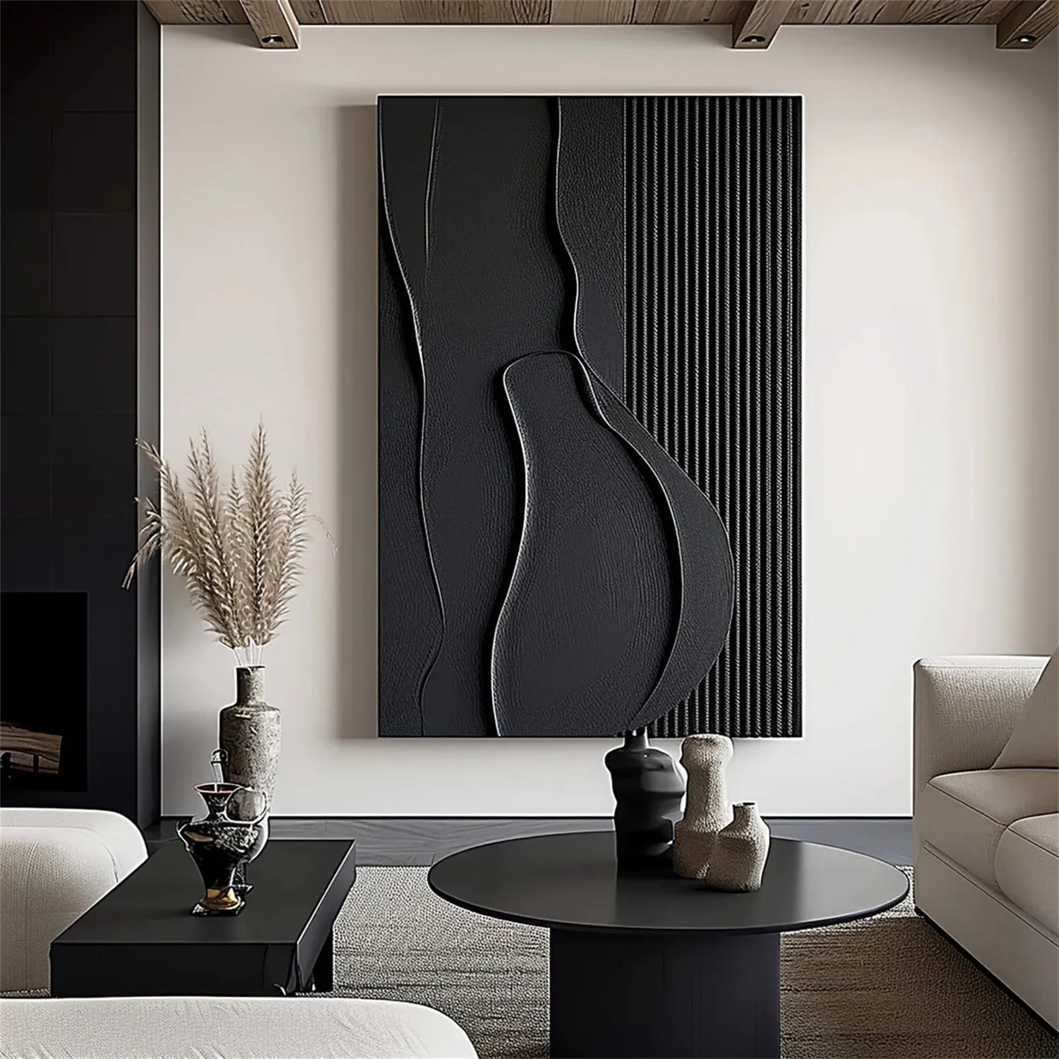 Black Minimalist Textured Painting Canvas Wall Art - Modern Abstract Home Decor for Living Room, Bedroom & Office | Premium Quality #MZ096