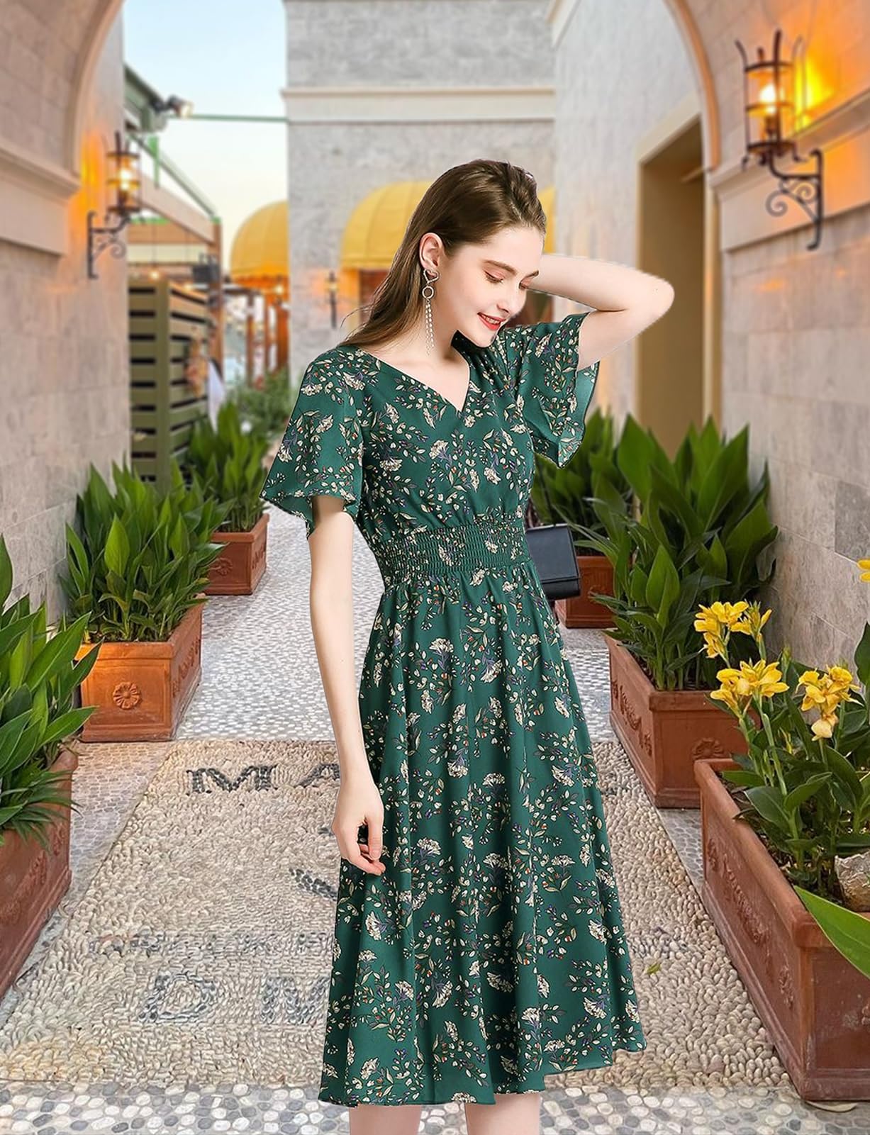 Gardenwed Women's Floral Chiffon Summer Dress - Elastic Waist Beach Sundress for Outdoor Parties, Vacations & Casual Wear