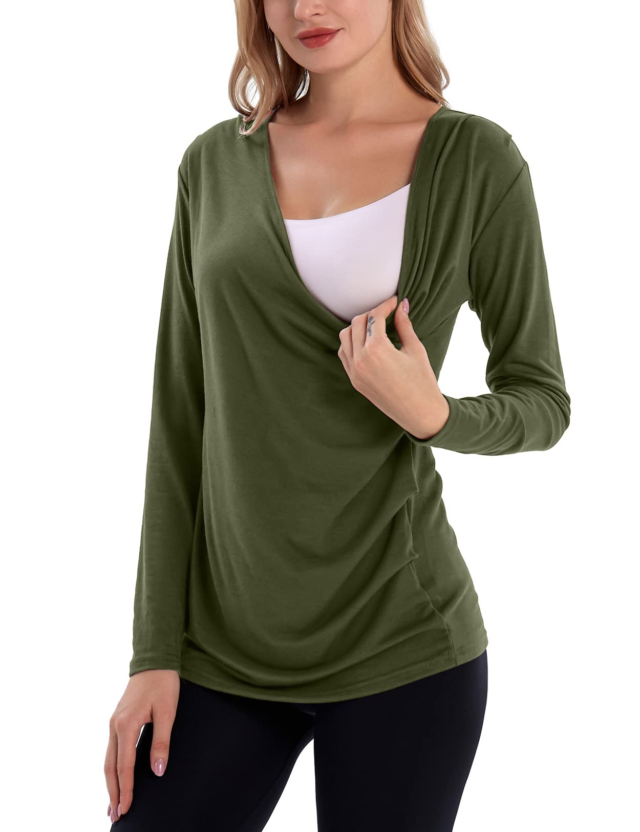 SWEETBUMP Nursing Tops - Long Sleeve Maternity Shirts for Breastfeeding - V Neck Crossover Blouses for Nursing Mothers - Perfect for Work, Outings & Comfortable Nursing at Home