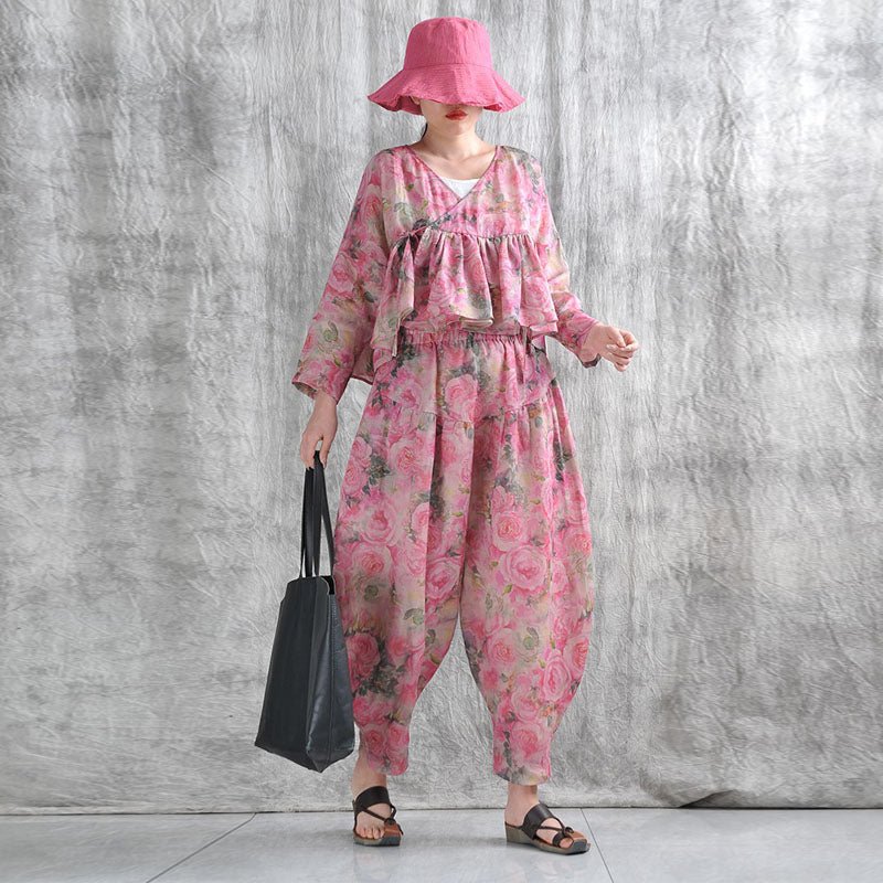 Stylish Summer Linen Floral Print Top & Harem Pants Set for Women - Boho Chic Outfit for Beach Vacation, Yoga, and Casual Wear