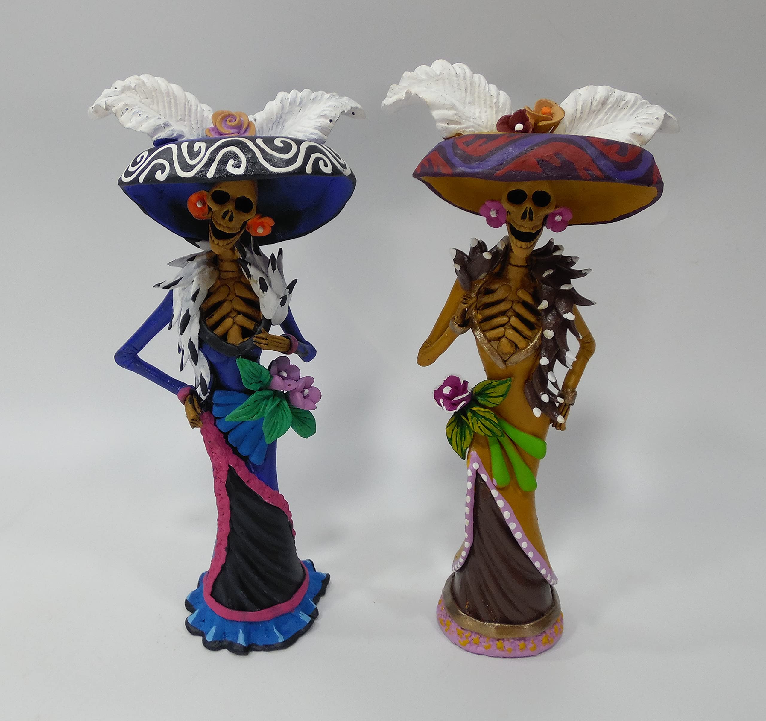 Set of 2 Handmade Mexican Day of the Dead Catrinas - 8 Inch Folk Art Fine Ceramic Decorations for Halloween, Dia de Muertos Altar & Home Decor