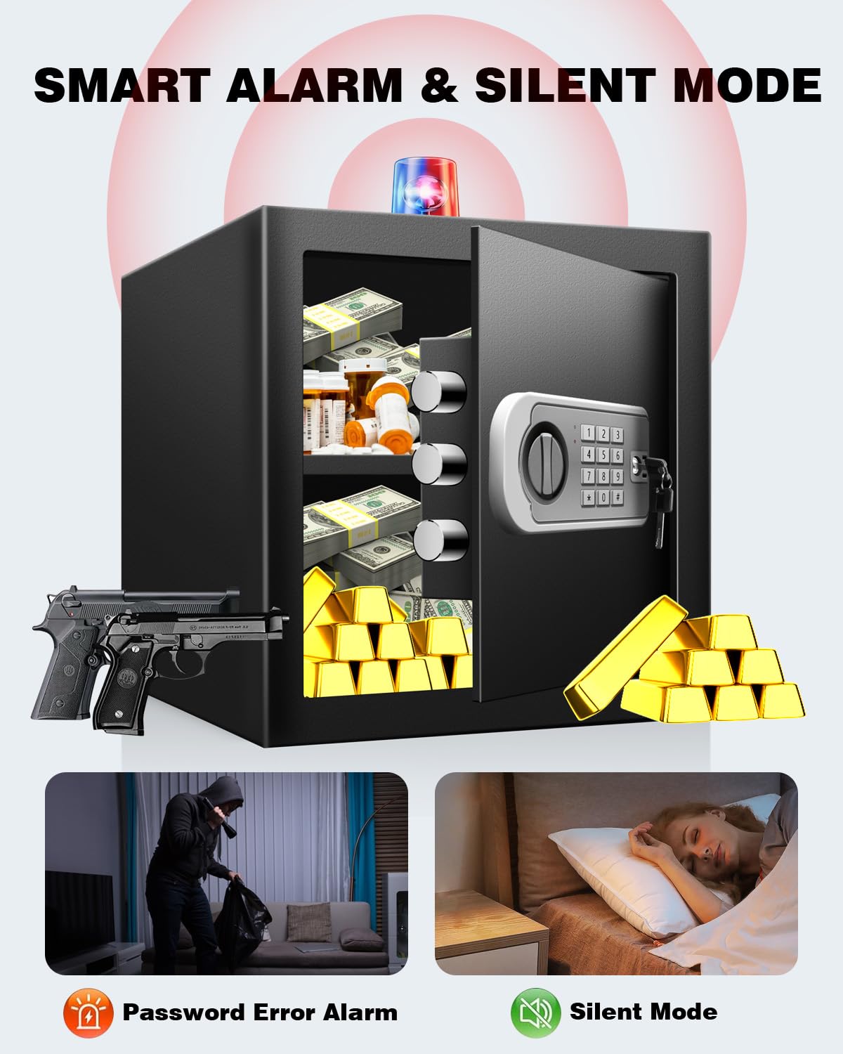 Fireproof and Waterproof Safe Box - 1.6 Cu Ft Digital Security Safe with Keypad, Dual Alarm System for Home, Money, Documents & Valuables | Silent Mode | Ideal for Bedroom, Office or Closet Storage (Black)