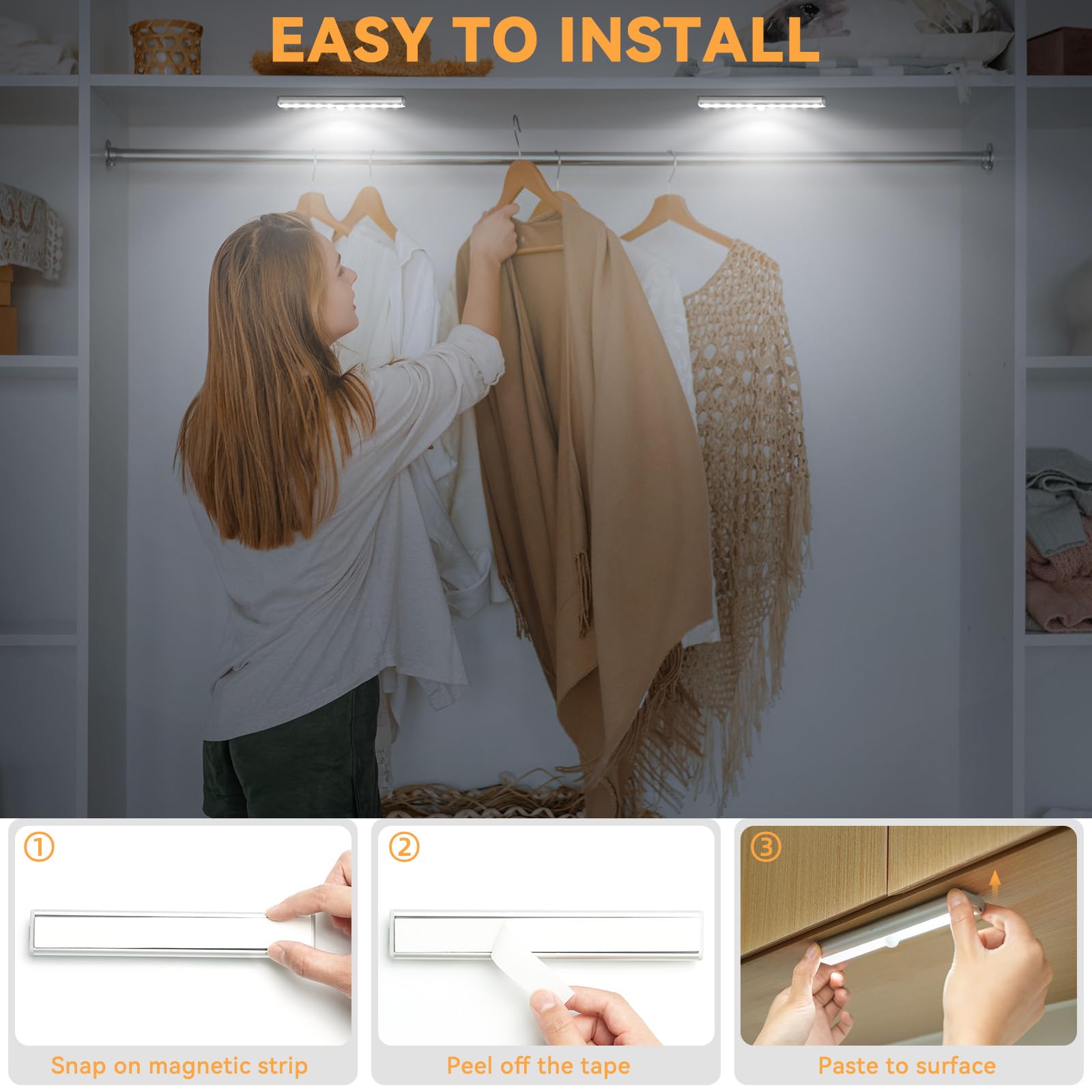 OxyLED Motion Sensor LED Closet Lights - 3 Pack USB Rechargeable Under Cabinet Lighting with Magnetic Strip, 6000K Daylight White for Wardrobe, Kitchen, Stairs & Dark Spaces | Indoor Smart Lighting Solution