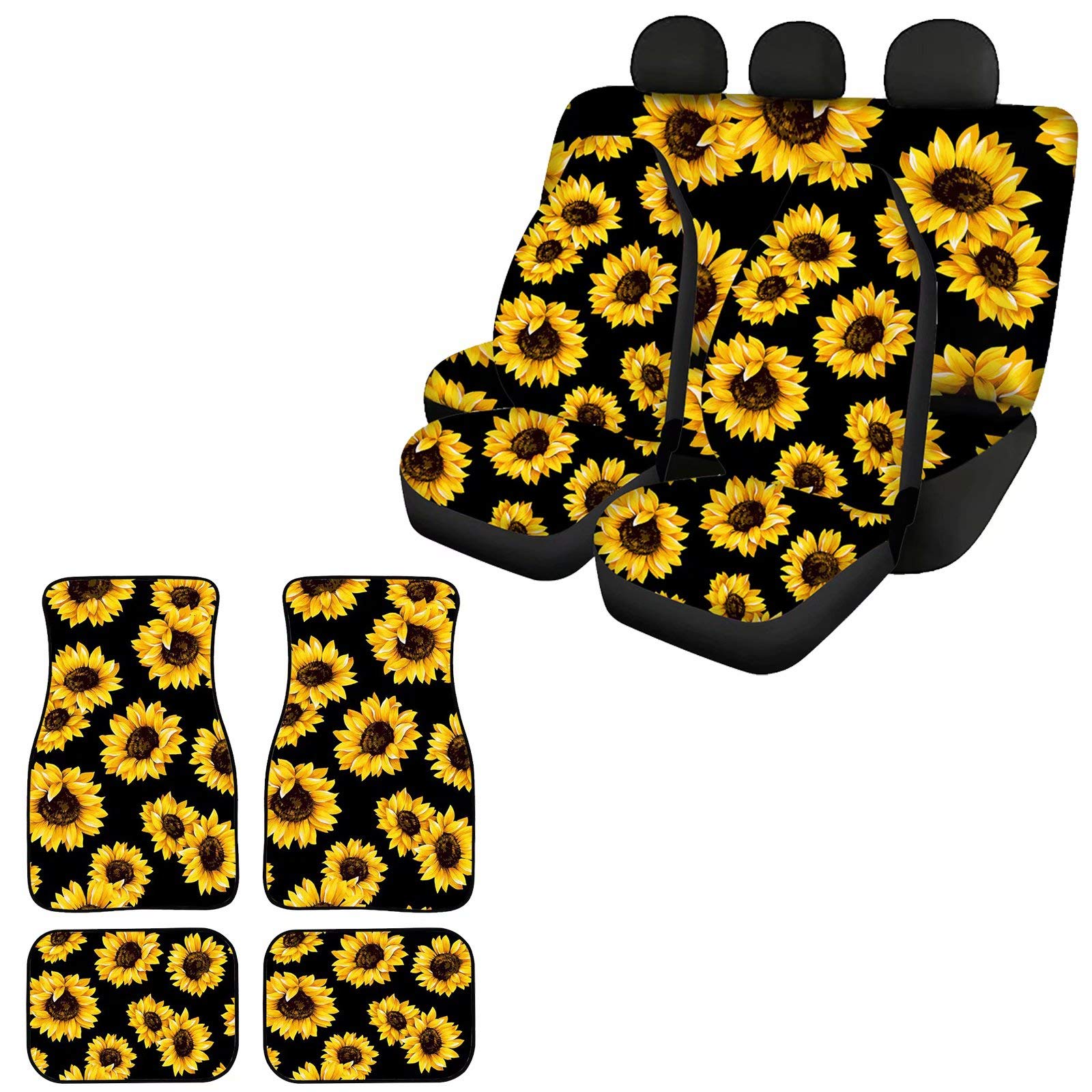 Sunflower Car Seat Covers for Front & Rear Split Bench - Universal Floral Car Mats for Women - Auto Interior Accessories for Most Cars, SUVs, Vans & Trucks - Perfect for Road Trips & Daily Commutes