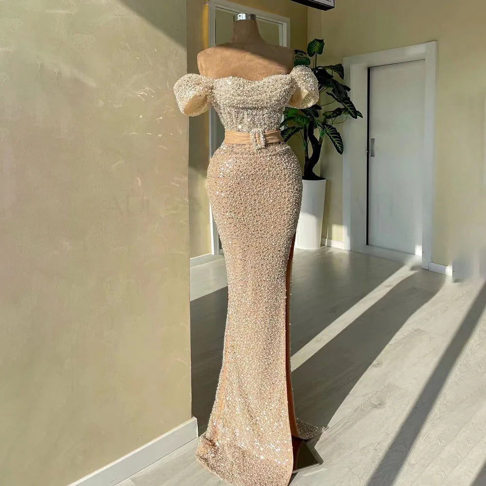 Elegant Beaded Boat Neck Mermaid Evening Gown for Women - Luxury Dubai Wedding & Party Dress 2025 | Perfect for Red Carpet, Galas & Formal Events