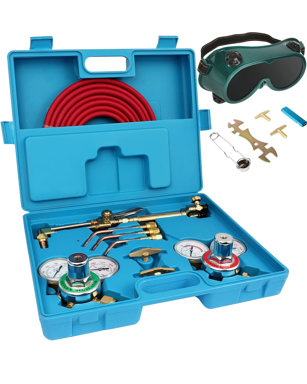 Professional Oxygen Acetylene Torch Kit - Gas Welding & Cutting Set with Dual Hose, Tips & Safety Goggles | Portable Oxy Brazing Welder Kit in Blue Carrying Case | Ideal for Metal Fabrication, Auto Repair & DIY Projects
