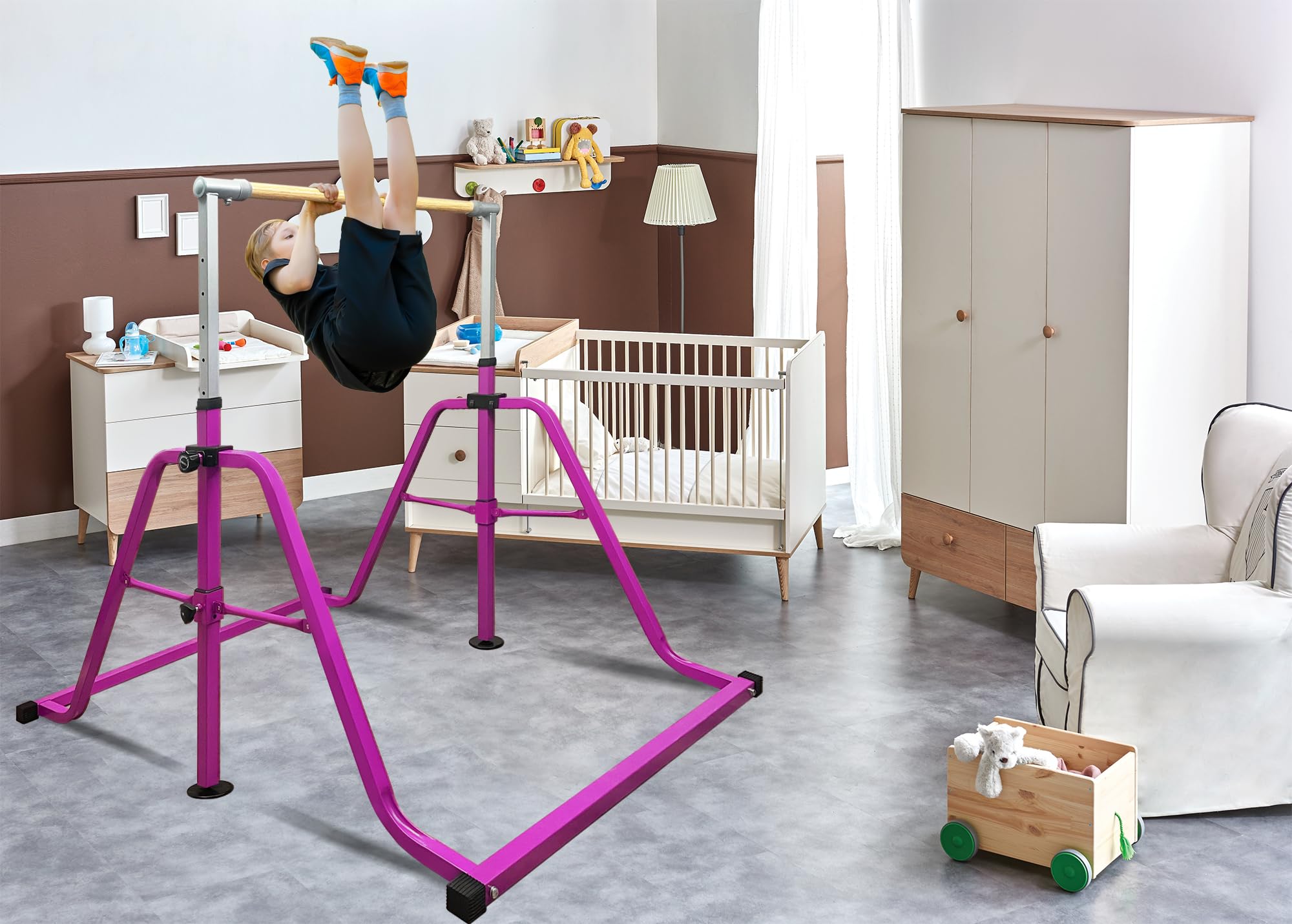 Adjustable Foldable Gymnastics Bar with Rings - 3' to 5' Height Junior Kip Bar for Home & Indoor Training - Perfect for Kids' Gymnastics Practice, Strength Training & Playtime Activities