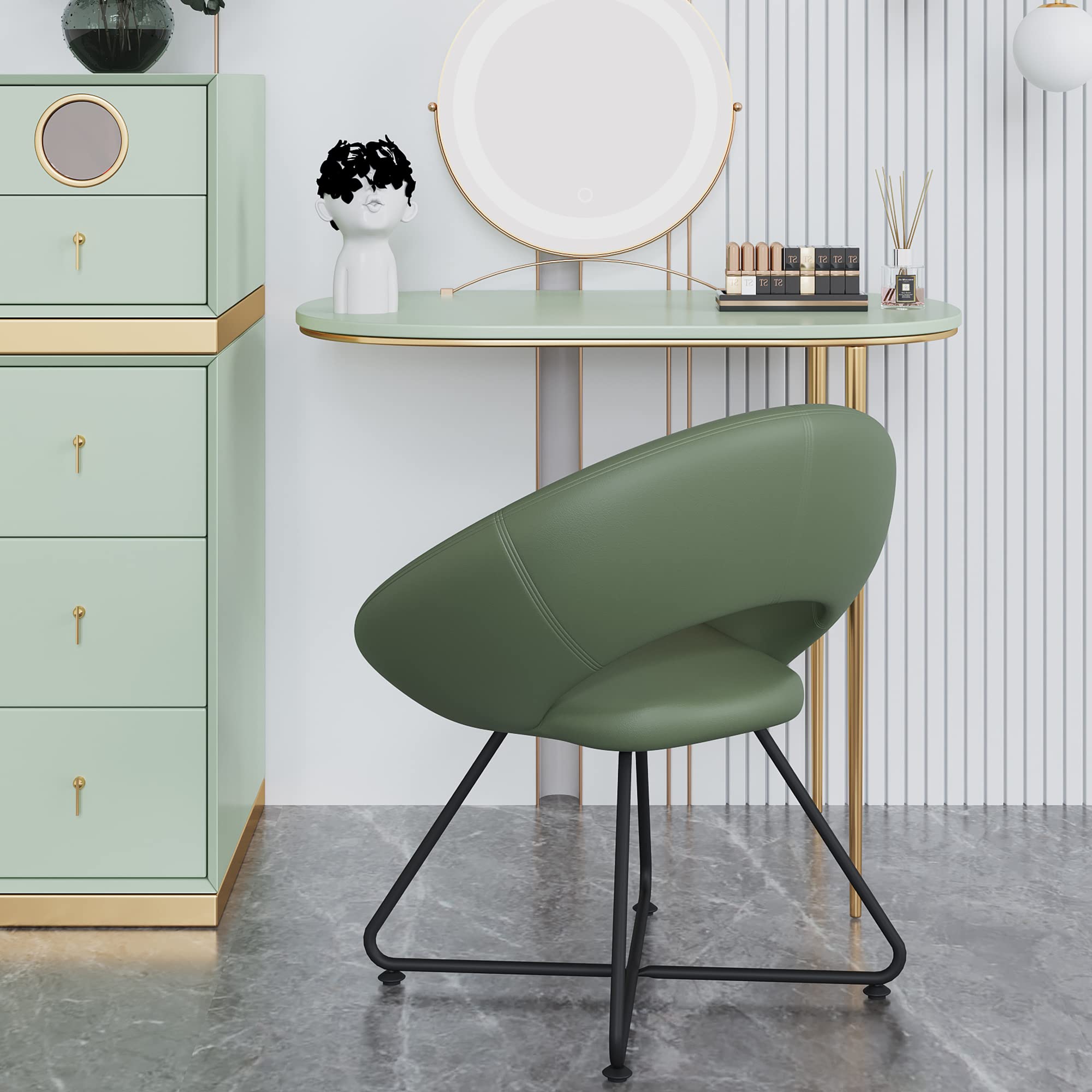 Modern Swivel Accent Chair Set of 2 - Upholstered Faux Leather Saucer Chairs with Golden Metal Legs for Living Room, Makeup Vanity or Home Office - Green Comfortable Lounge Seating for Relaxing & Leisure Activities
