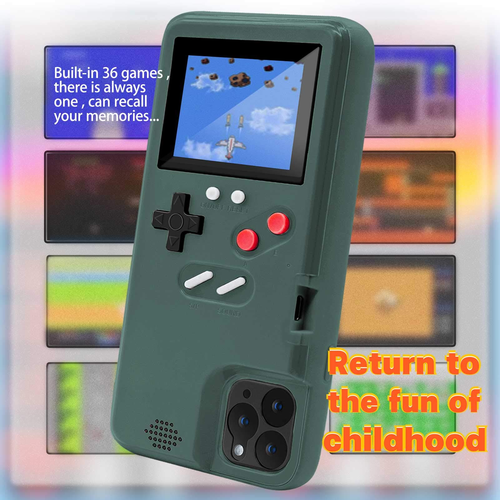 DIKKAR Retro Game Console Case for iPhone 11 - Self-Powered Protective Cover with 36 Built-in Games & Full Color Display (Green) | Portable Gaming Solution for Travel, Commute & Entertainment
