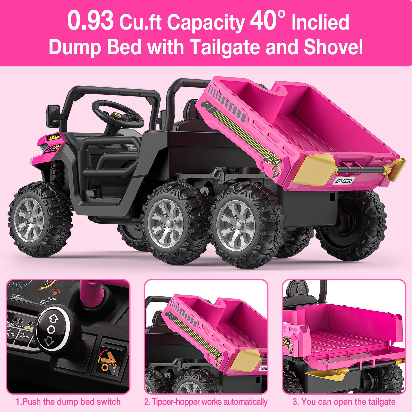 GARVEE 24V Kids Ride On Dump Truck - 2 Seater 6X6 Electric UTV with Remote Control | Battery Powered 6 Wheeler Toy Car for Boys & Girls Ages 3+ | Outdoor Play, Birthday Gift, Backyard Fun (Pink)