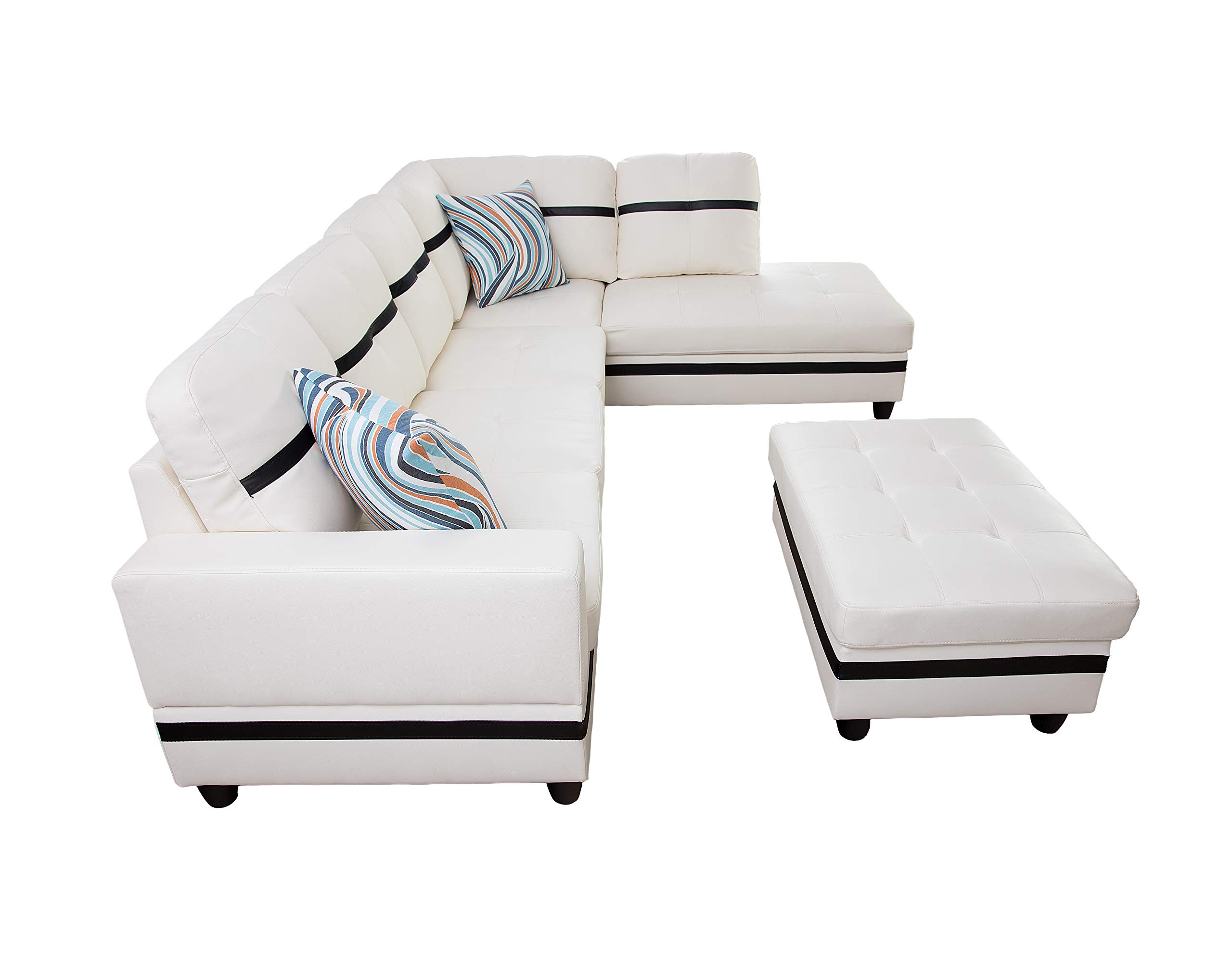 3-Piece Modern Sectional Sofa with Chaise & Storage Ottoman - Faux Leather Living Room Couch with Memory Foam Cushions & Throw Pillows - Right-Facing White Sofa Set for Small Spaces, Apartments & Cozy Family Gatherings
