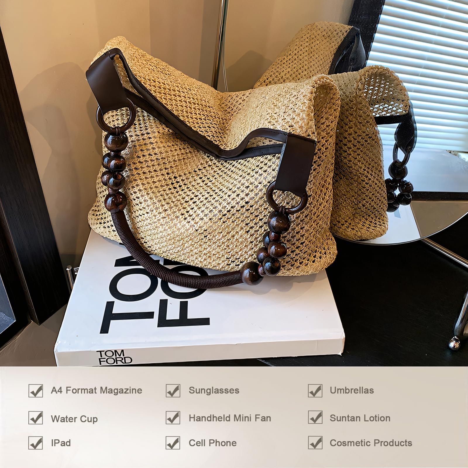 Large Straw Woven Tote Bag for Women - Beach Vacation Travel Handbag with Mesh Shoulder Strap | Perfect for Summer Outings, Pool Parties & Tropical Getaways