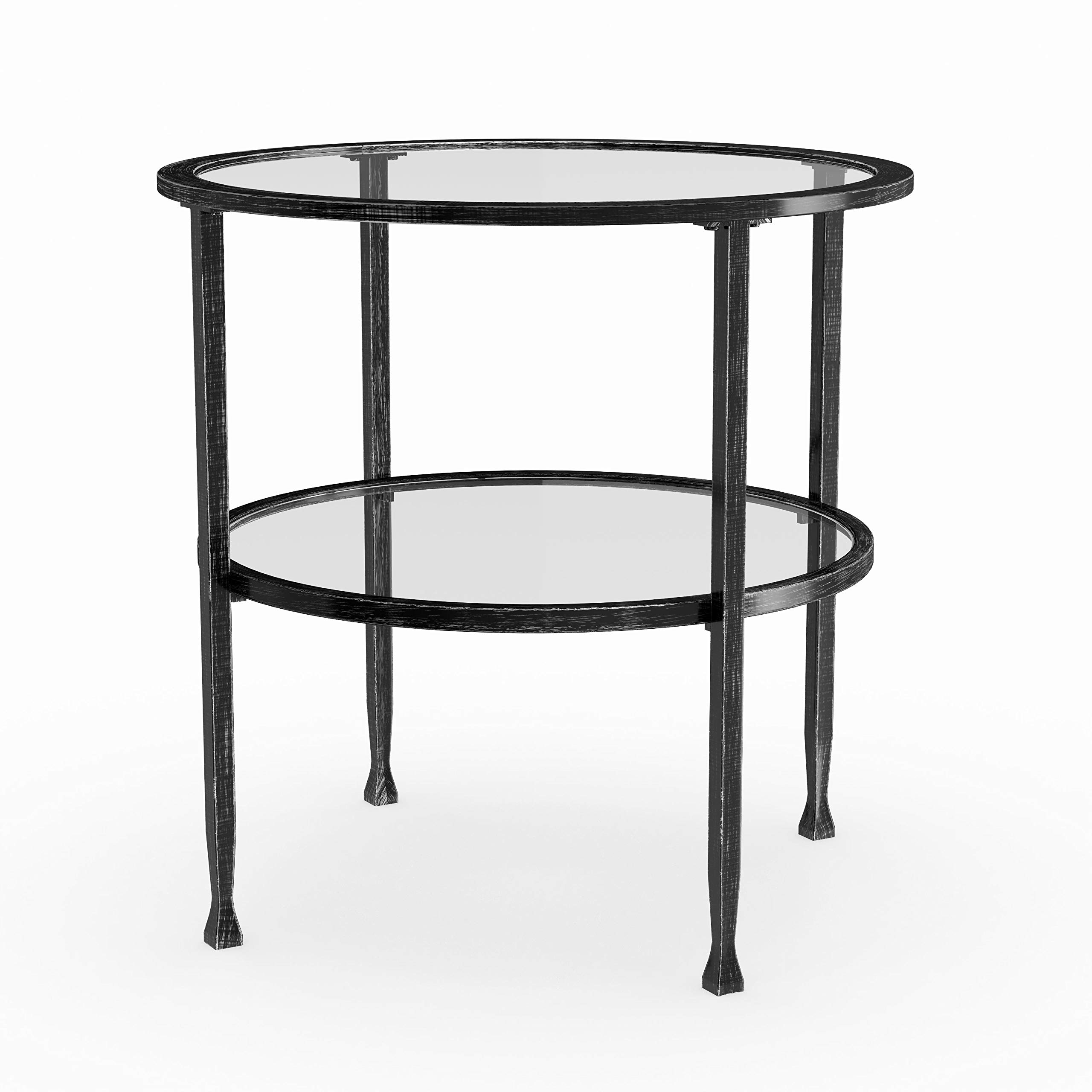 Modern Round End Table with Black Metal Frame & Glass Top - Silver Distressed Finish, Includes Storage Shelf | Perfect for Living Room, Bedroom & Office Decor