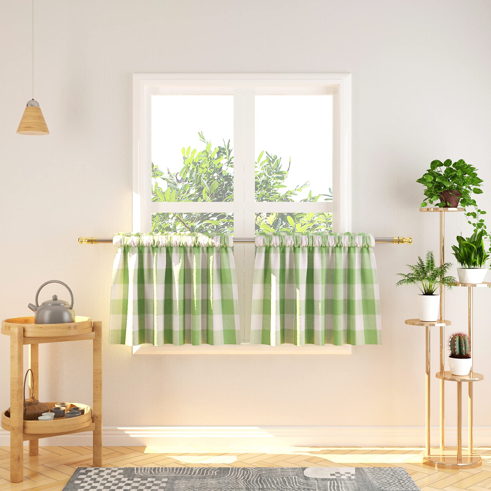 16 Inch Buffalo Plaid Gingham Window Valances - 2 Panel Rod Pocket Short Curtains for Small Windows | Green & White Kitchen, Cafe & Bathroom Curtains | Perfect for Farmhouse, Cottage & Rustic Decor