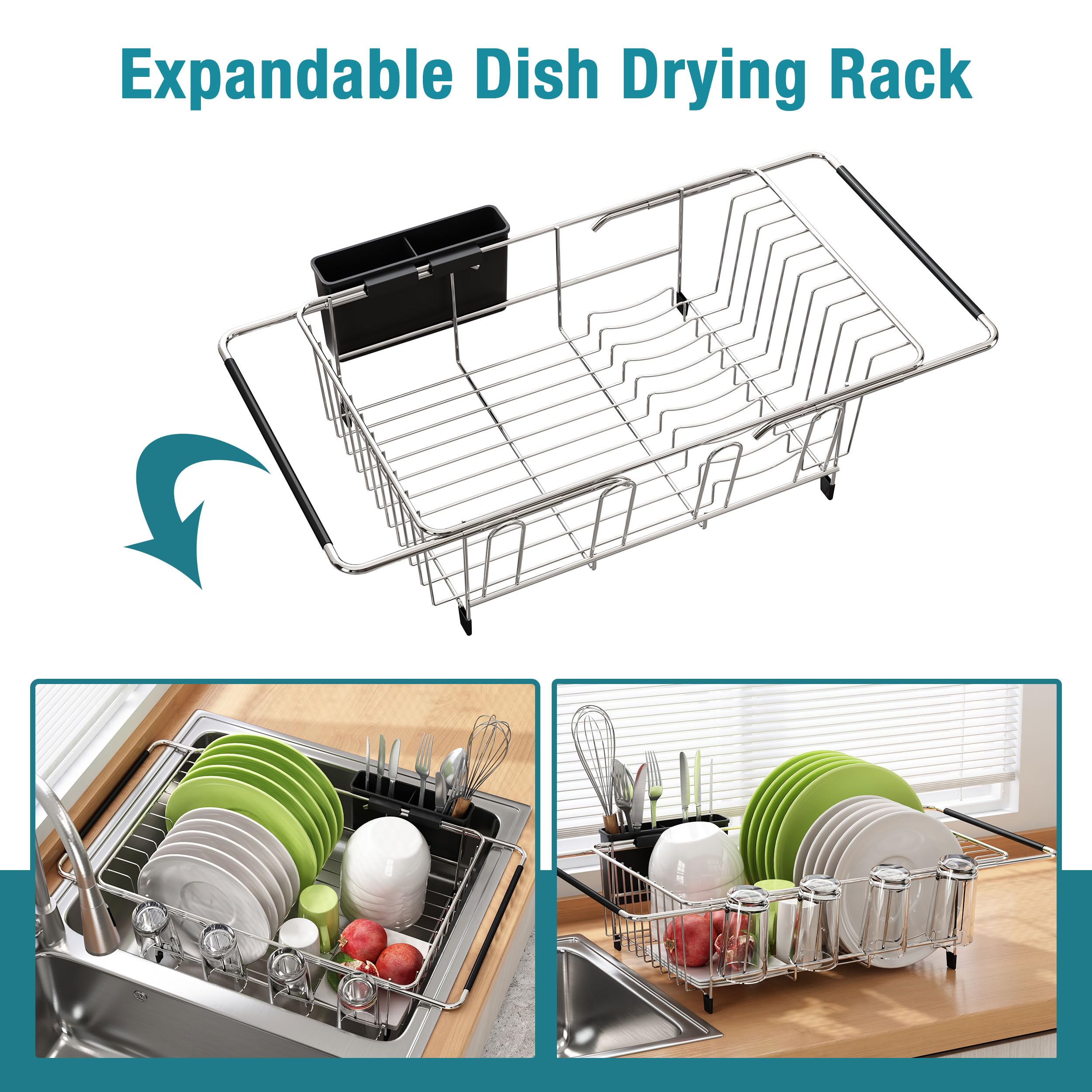 Expandable Stainless Steel Sink Dish Drying Rack with Utensil Holder - Space Saving Kitchen Counter Drainer for Plates, Cups & Silverware - Perfect for Small Kitchens & Apartment Living