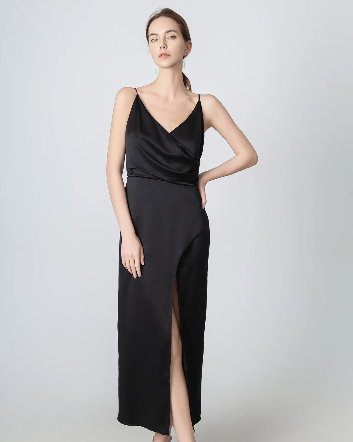 Elegant V-Neck High Slit Silk Maxi Dress for Women - Luxury Evening Gown for Parties, Weddings & Special Occasions