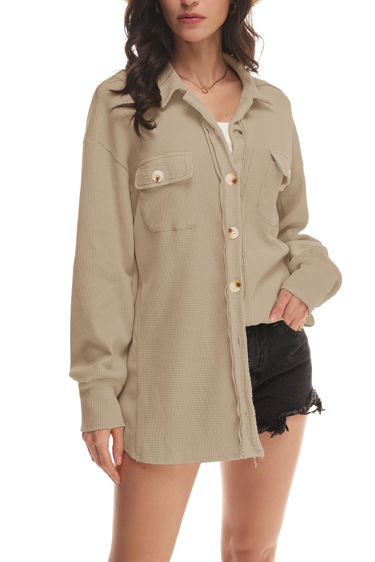 Nirovien Women's Waffle Knit Shacket - Oversized Button Down Shirt Jacket for Spring | Lightweight Long Sleeve Open Front Cardigan for Casual Outfits, Layering & Everyday Wear