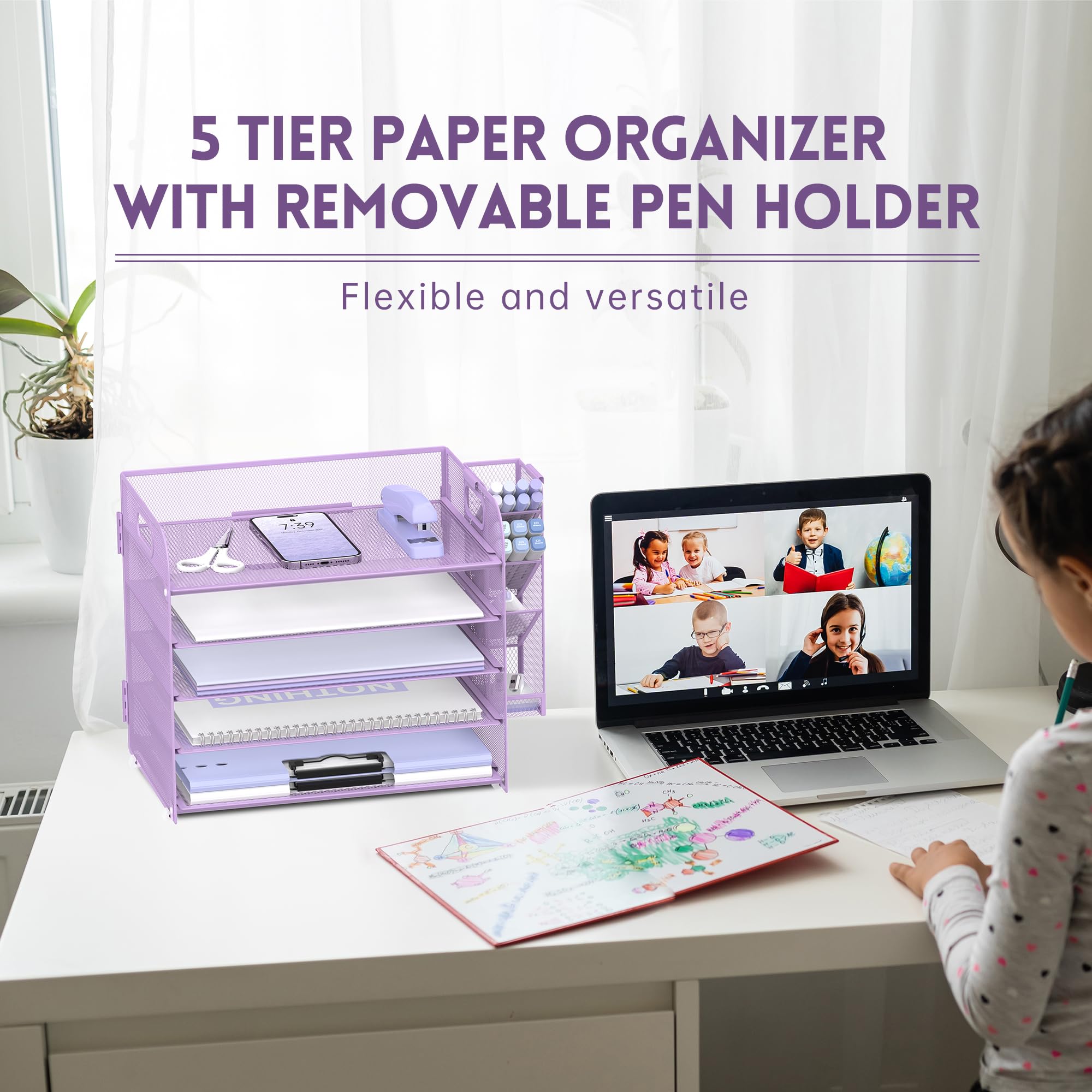 SUPEASY 5-Tier Mesh Desk Organizer with Handle & Removable Pen Holders - Office File Tray for Paper, Documents & Supplies - Perfect for Home Office, School & Workspace (Purple)