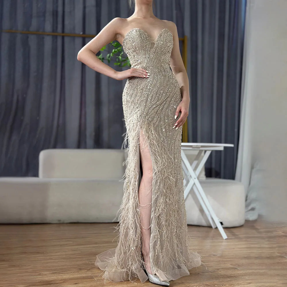 Elegant Blue Feather Beaded Evening Gown with Side Slit - LA72695 | Perfect for Prom, Gala & Formal Events