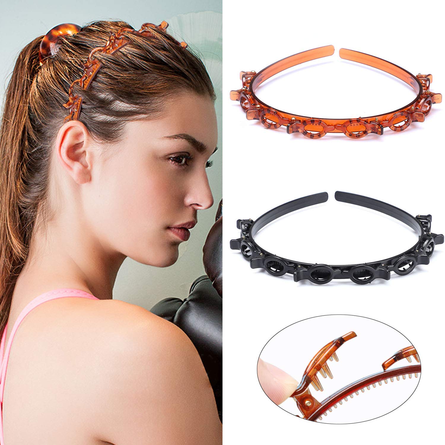 FAVELA Women's Hair Clips & Headbands Set - Alligator Barrettes for Thin or Thick Hair - Double Bangs Hairpins for Girls & Ladies - Black & Shell (2 Pack) - Perfect for Yoga, Makeup & Everyday Styling