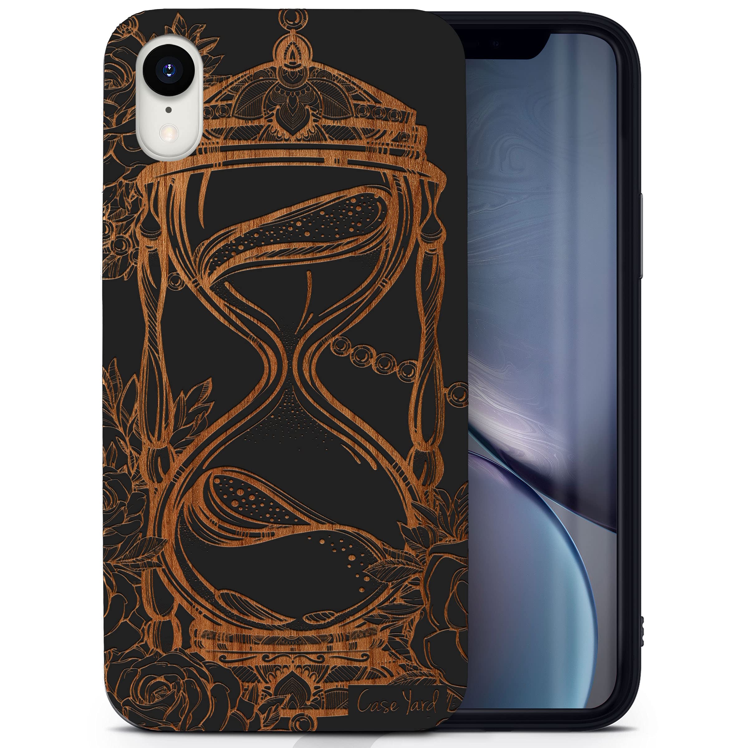 Wooden iPhone XR Case - Laser Engraved Hourglass with Roses Design, Black Wood Protective Shockproof Slim Fit Cover for Men & Women | Perfect for Everyday Use, Travel & Gift Giving