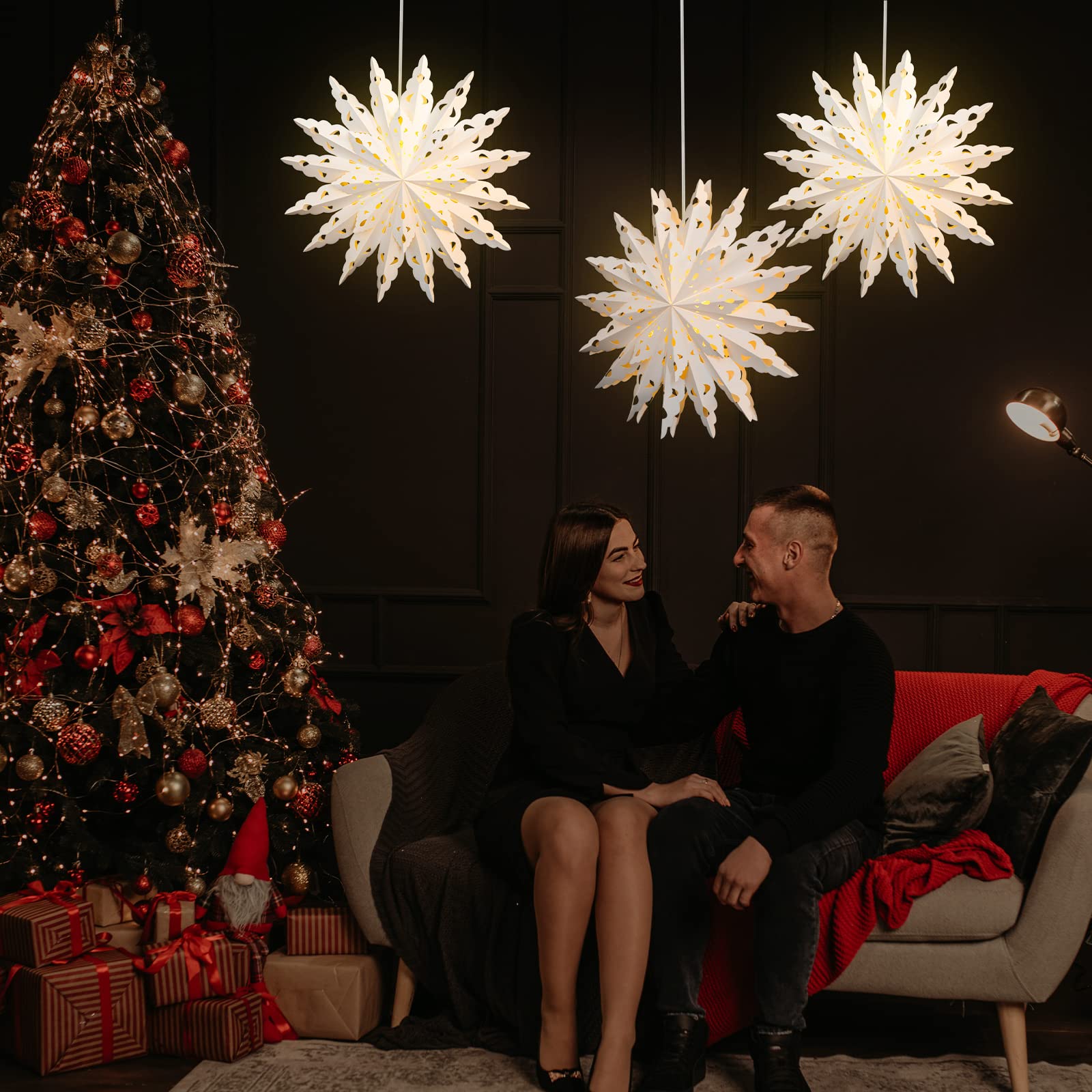 23.6 Inch Christmas Star Snowflake Paper Lantern with Timer - Battery Operated Hanging Decor for Holiday Party, Wedding, Birthday, Christmas Tree - Classic Style Home Celebration Decoration