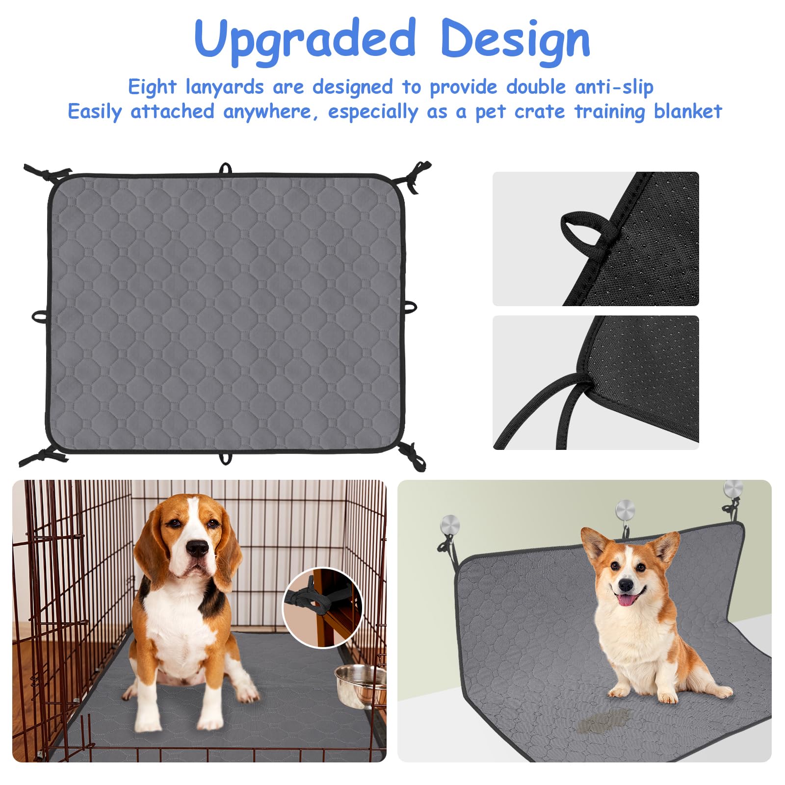 2 Pack Reusable & Washable Dog Pee Pads - Waterproof Puppy Potty Training Pads with Straps, Laminated Whelping Pad for Dogs (Grey, Size M 27.5