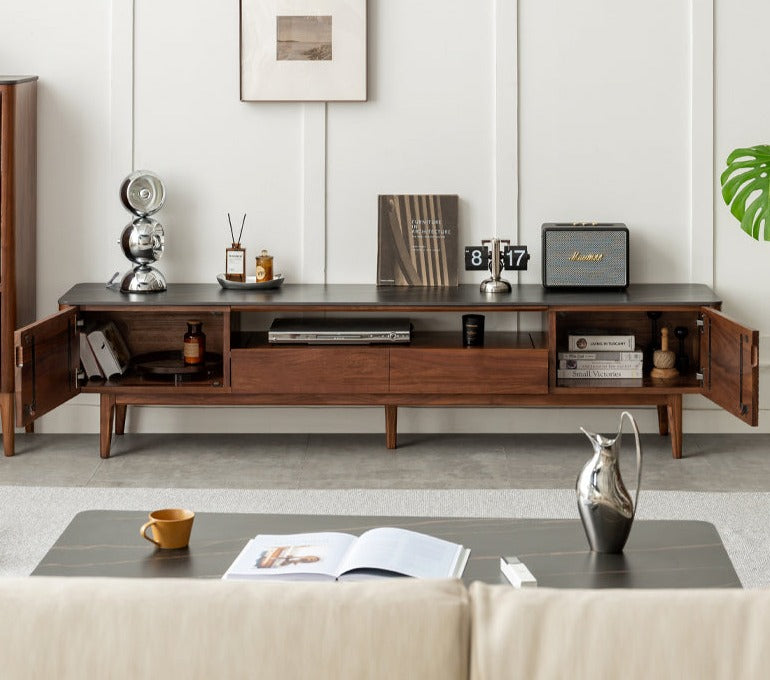 Black Walnut Solid Wood TV Stand with Slate Top - Rustic Modern Entertainment Center for Living Room, Bedroom & Home Theater