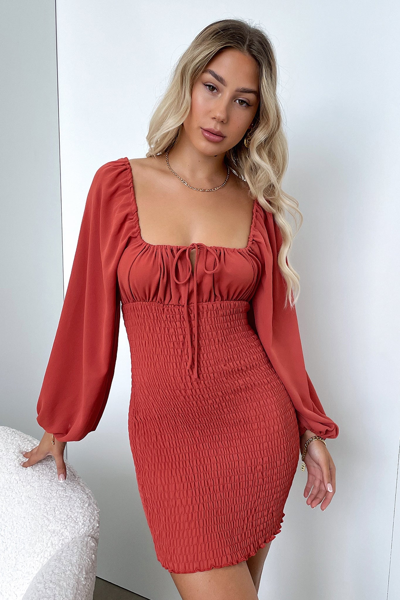 Ella Dress in Rust - Elegant Women's Flowy Midi Dress for Casual Wear, Date Night & Special Occasions