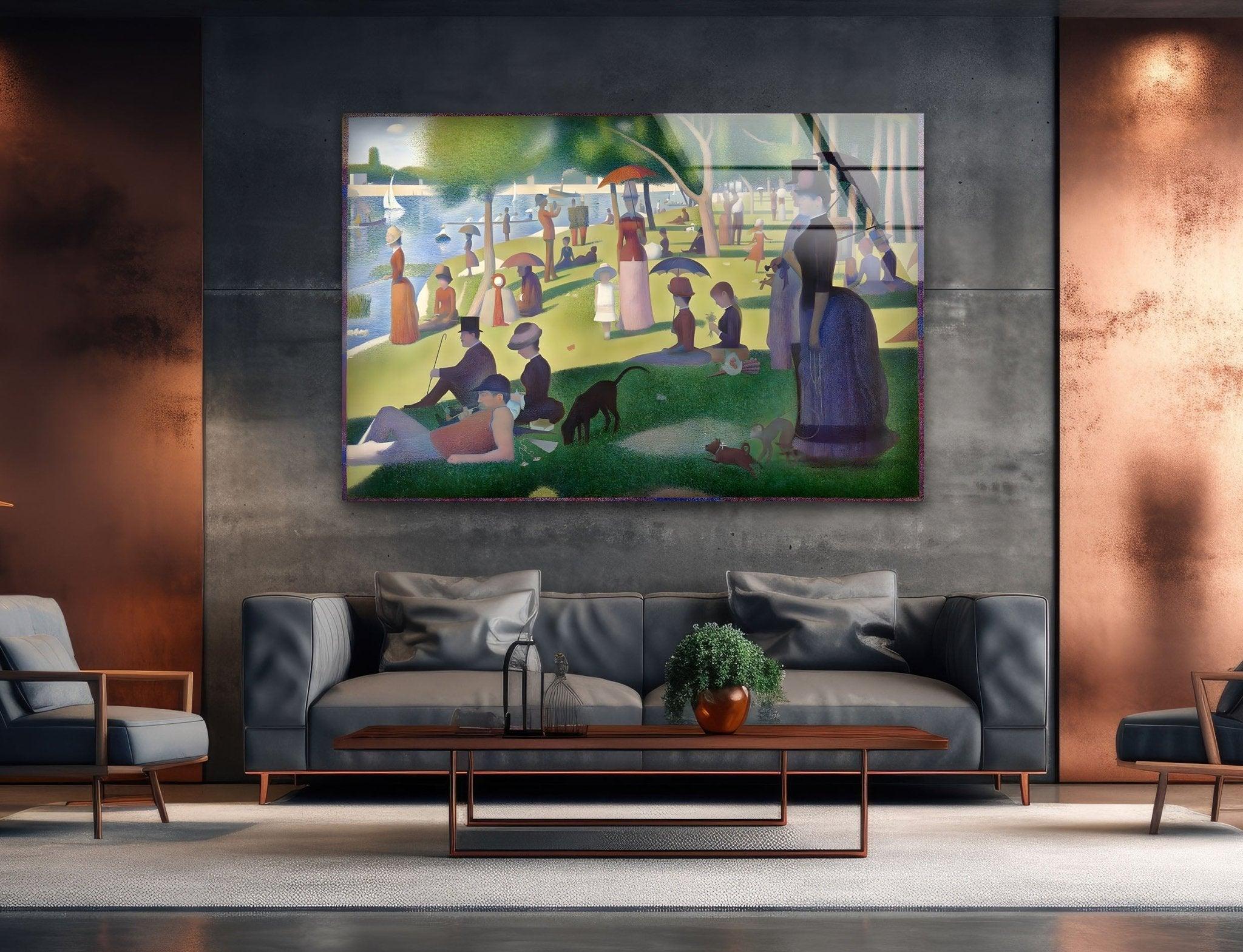 Georges Seurat Grande Jatte Island Glass Wall Art - Sunday Afternoon Painting Reproduction - Perfect for Living Room, Bedroom & Office Decor