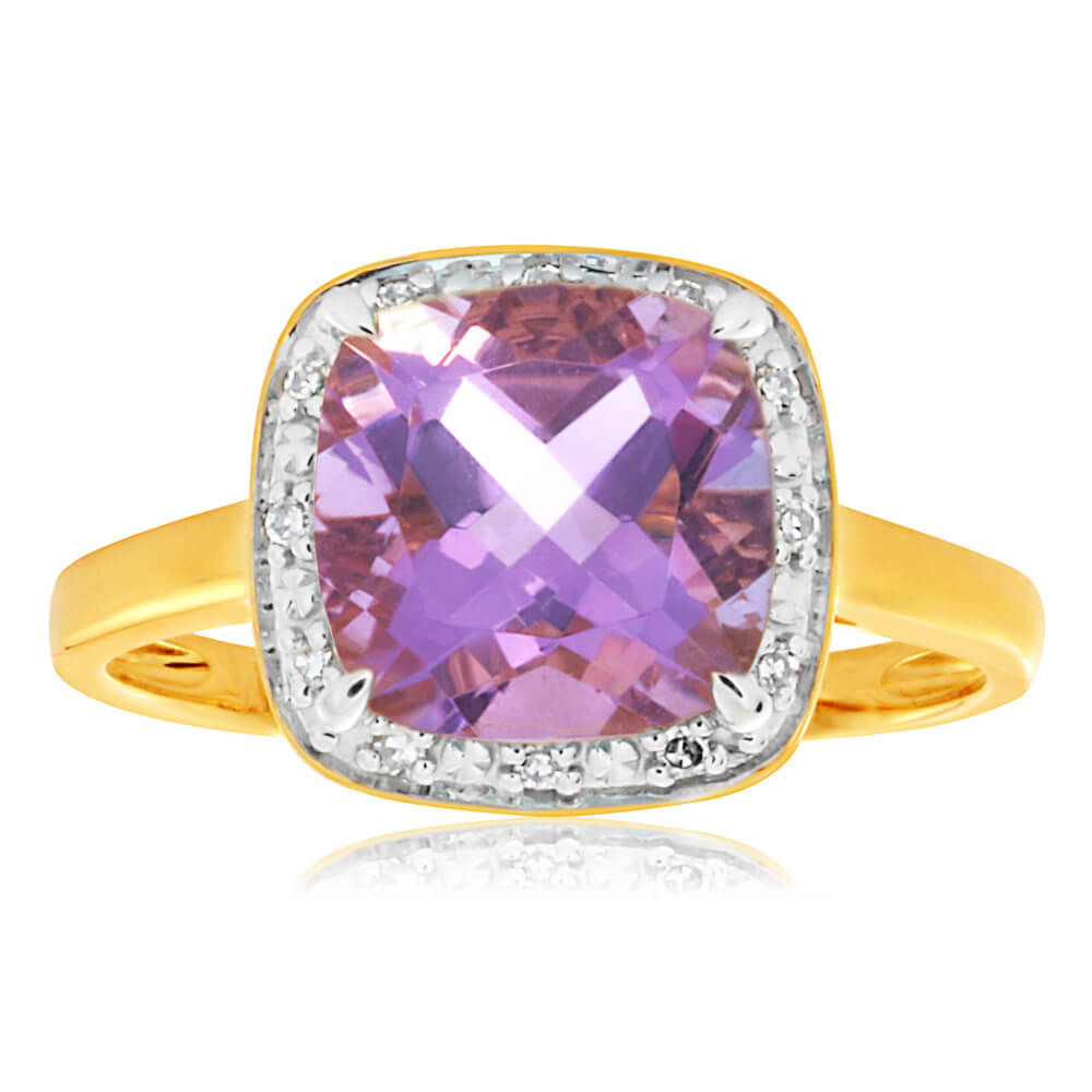 9ct Yellow Gold Amethyst Diamond Ring for Women - Elegant Purple Gemstone Jewelry Gift for Anniversary, Engagement & Special Occasions