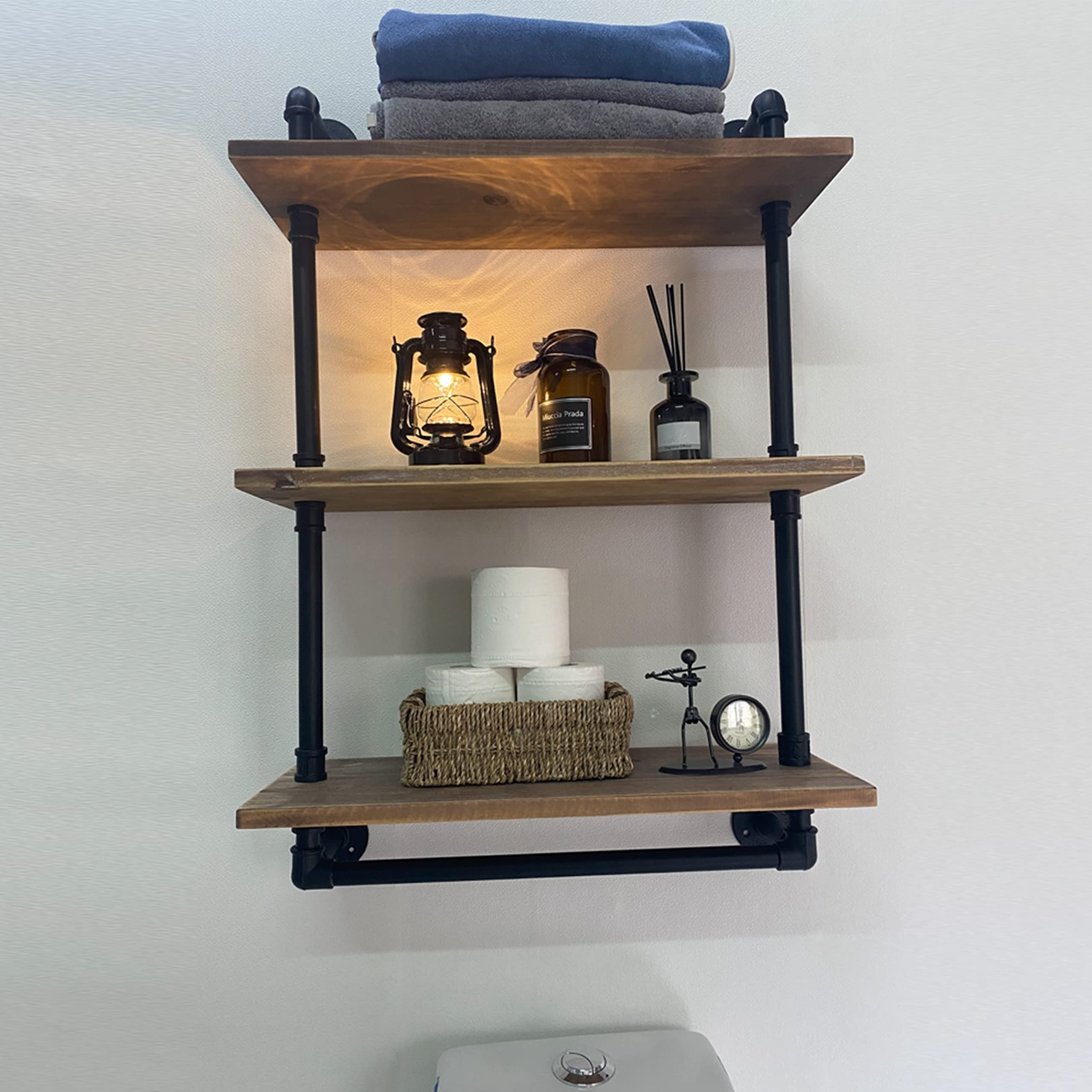 ROGMARS 24 Inch Industrial Pipe Shelving - Rustic Floating Wall Shelf with Towel Bar & Hooks, 3-Tier Bathroom Storage Shelf for Towels, Decor & Organizing | Perfect for Small Spaces, Laundry Rooms & Farmhouse Style Homes